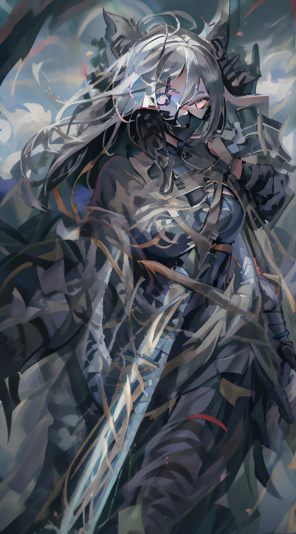 (Masterpiece, Best quality, illustration)), chaos theme, horror theme, A girl, covering eyes, Mask, skull, head gear, skeletal armor, skeleton print, Armored dress, floating capelet, jacket removed, Solo, Many planted_sword, 废墟, Cloudy sky, nevando, Dark lighting