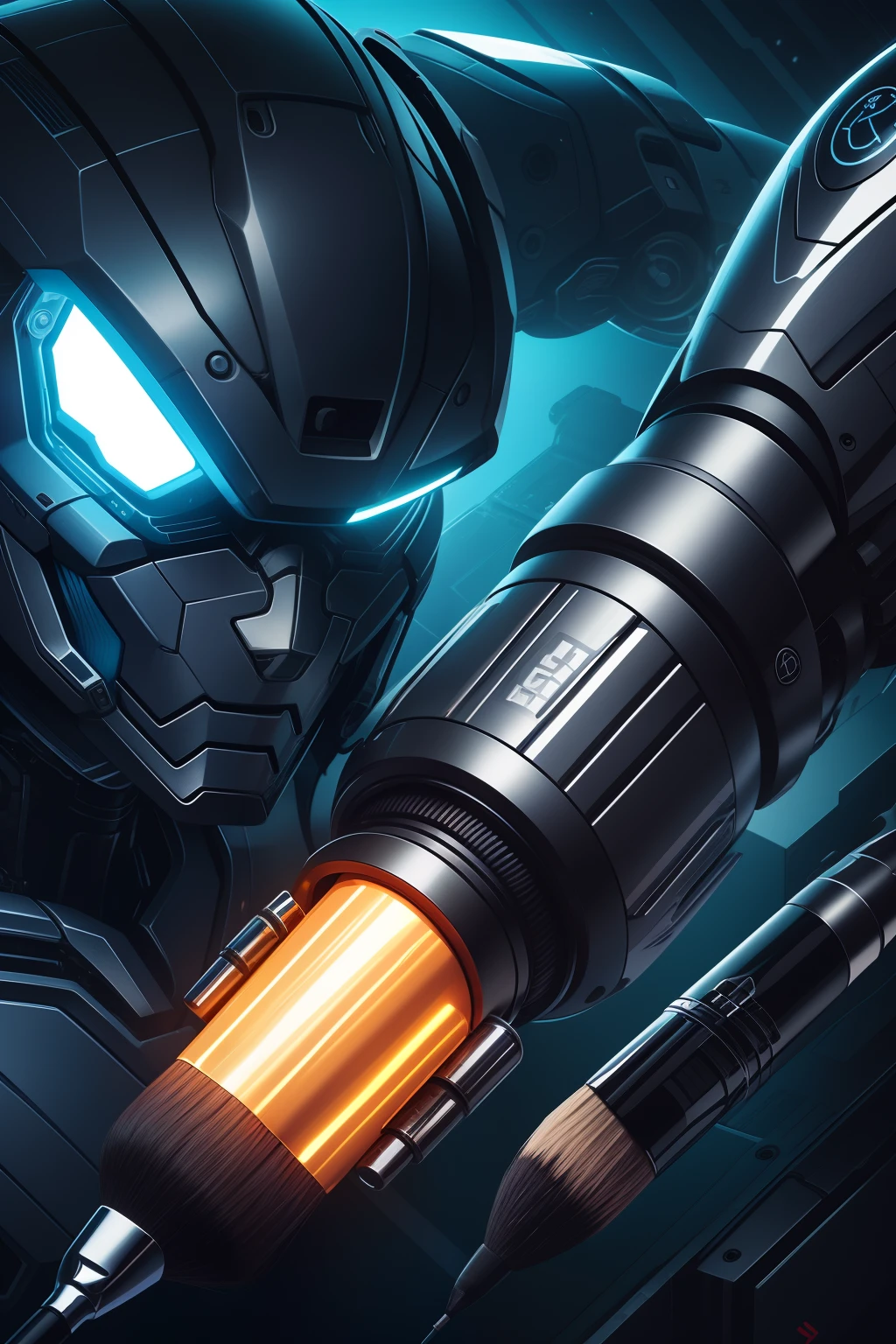 a logo with an art brush and a cybernetic arm , just the arm and brush, no cyborg, with a small amount of vivid color splashed around it