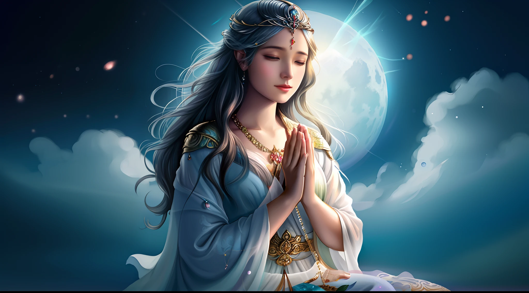 arafed woman sitting on a rock with her hands folded in prayer, graphic artist magali villeneuve, moon goddess, beautiful fantasy art, inspired by Magali Villeneuve, beautiful goddess, magali villeneuve', beautiful fantasy art portrait, neoartcore and charlie bowater, high quality fantasy art, very beautiful fantasy art, elven angel meditating in space
