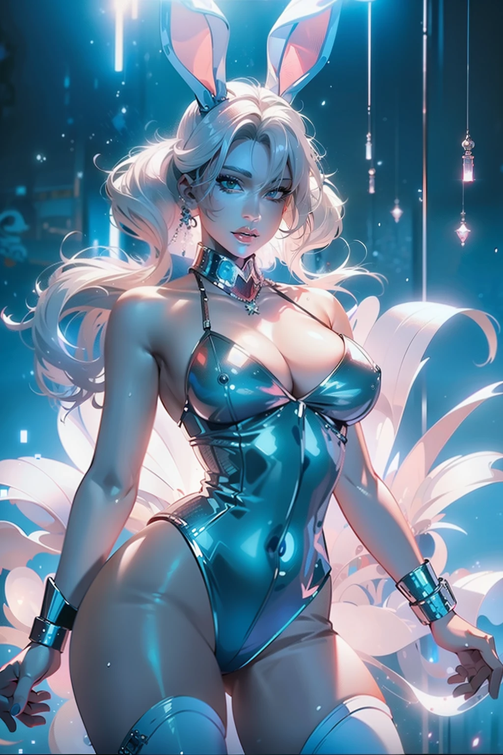 (((edgBunny))),edgBunny,(((Behind it is a huge rabbit))),A woman of outstanding figure,Wear a nice miniskirt,Leaking out of both shoulders,jewely,3D,Amazing work,Vitreous luster,(((clean backdrop))),High gloss,blue colors,In pink,cyan colors,red colour