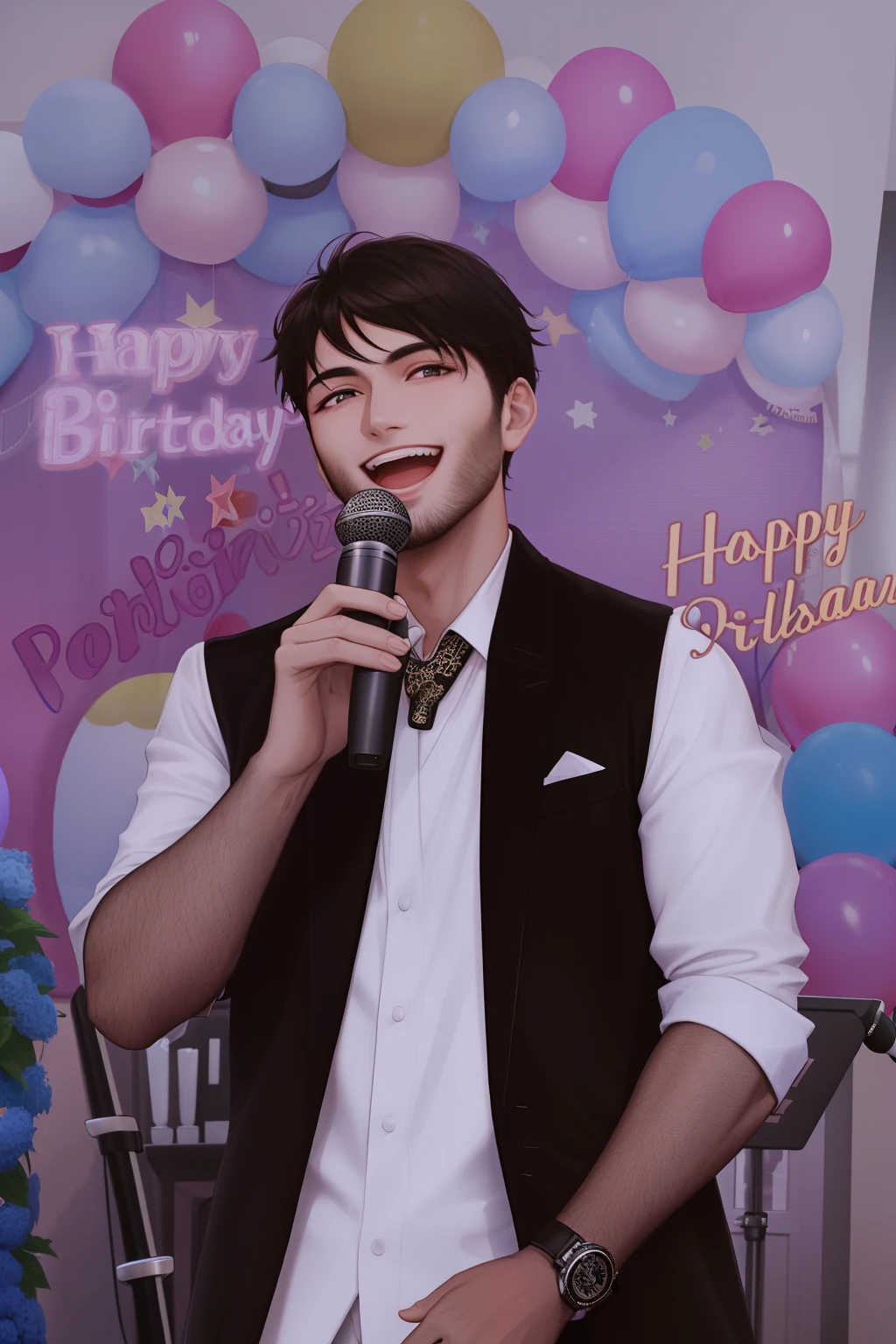 smiling man holding a microphone in front of a balloon arch, johnatan wayshak, taran fiddler, vocalist, happy birthday, singing, mutahar laughing, performing on stage, singing into microphone, a handsome, candid picture, jubilant blissful atmosphere, taken with canon 8 0 d, taken with sony alpha 9, he is a rockstar