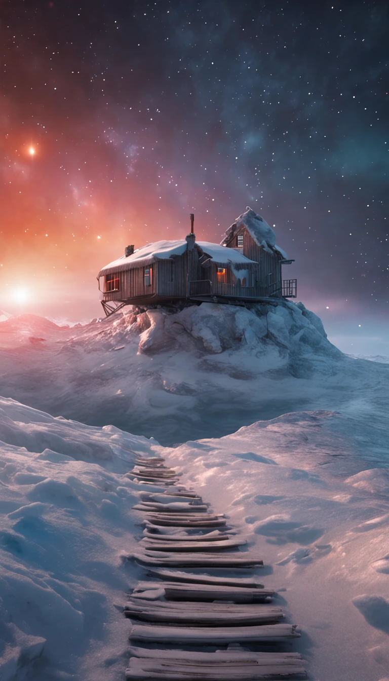 4K, hdr, High quality, tree house, Beautiful, Space Trader, looks away, Sparkling snowdrifts, Frozen tundra, Arctic sea ice, nigh sky, stars, Clouds, Fiery sky, space, Moon, Works of art by Jean-Honor Fragonard and Michal Karcz