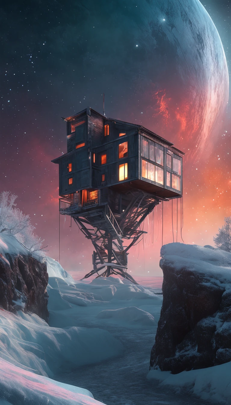 4K, hdr, High quality, tree house, Beautiful, Space Trader, looks away, Sparkling snowdrifts, Frozen tundra, Arctic sea ice,  nigh sky, stars, Clouds, Fiery sky, space, Moon, Works of art by Jean-Honor Fragonard and Michal Karcz
