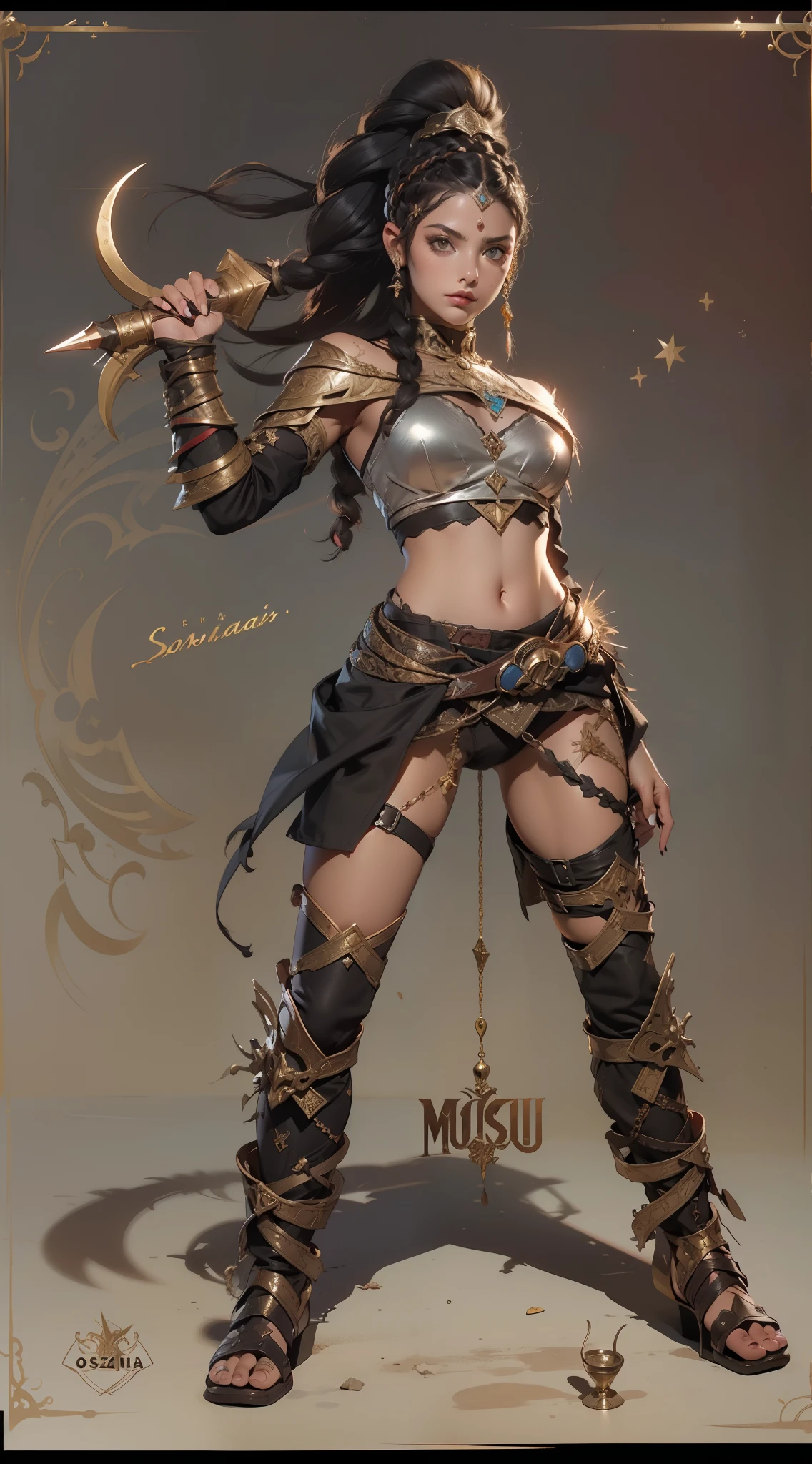 (((mulher))), (((melhor qualidade))), (((obra prima))), (((adulto))), ((( Vision from the waist up ))), estilo quadrinhos, Uma mulher guerreira gladiadora Barbara loira, of 30 years with athletic body, Post Apocalypse, Armadura moderna, Muitas tiras e fivelas, capuz, Half-moon symbols and gold stars on clothing, Arabic symbols, muitas joias, (((sozinho))), (((1girl))) , Gladiadores do Brooklyn, quase nua no estilo selvagem urbano de Simon Bisley para a capa da revista Heavy Metal, cabelos moicanos, pose sensual, tiny leather panties, , Minimum clothing, black and red arabesque pattern, armadura, cheio de pontas e estrelas, (((da cintura pra cima))), mohawk hair with small braids, explosion of colors, Wowdk
