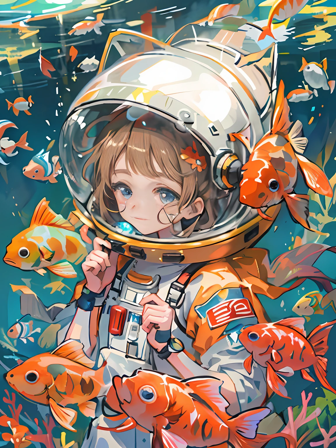 Anime girl in spacesuit surrounded by fish, Astronauts at the bottom of the sea, koi fish floating in space, portrait anime space cadet girl, an astronaut lost in the ocean, Astronauts in the ocean, Lofi art, pixiv contest winner, girl in space, jen bartel, Praise Artstyle, Artgerm and Atey Ghailan, lofi-girl