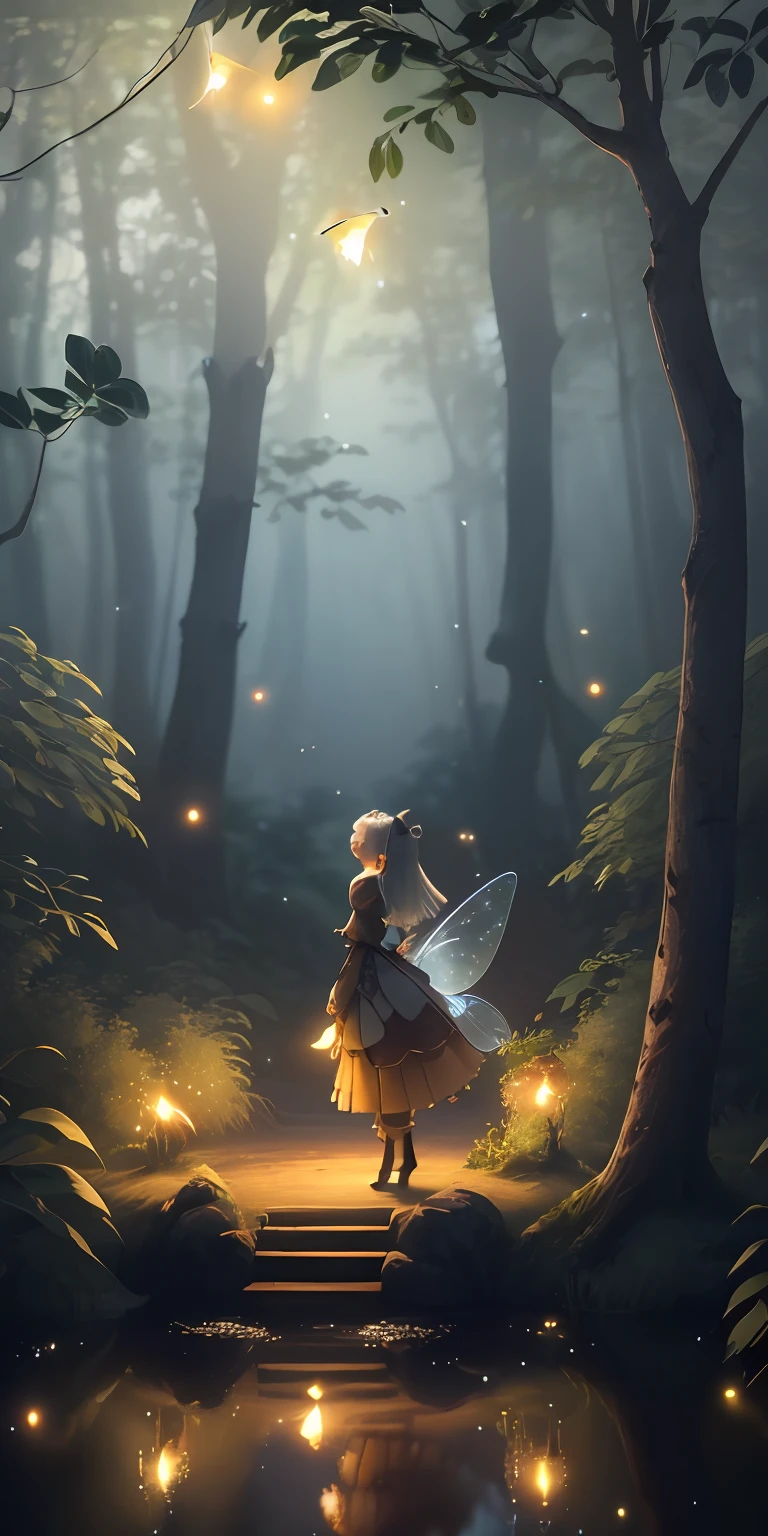 Masterpiece, best quality, (very detailed CG unity 8k wallpaper), (best quality), (best illustration), (best shadows), glow sprite, with a lady Fairy, in the long lake Drinking water, natural elements in the forest theme. Mysterious forest, beautiful forest, nature, surrounded by flowers, delicate leaves and branches surrounded by fireflies (natural elements), (jungle theme), (leaves), (twigs), (fireflies), (particle effects) etc. 3D , Octane rendering, ray tracing, super detailed
