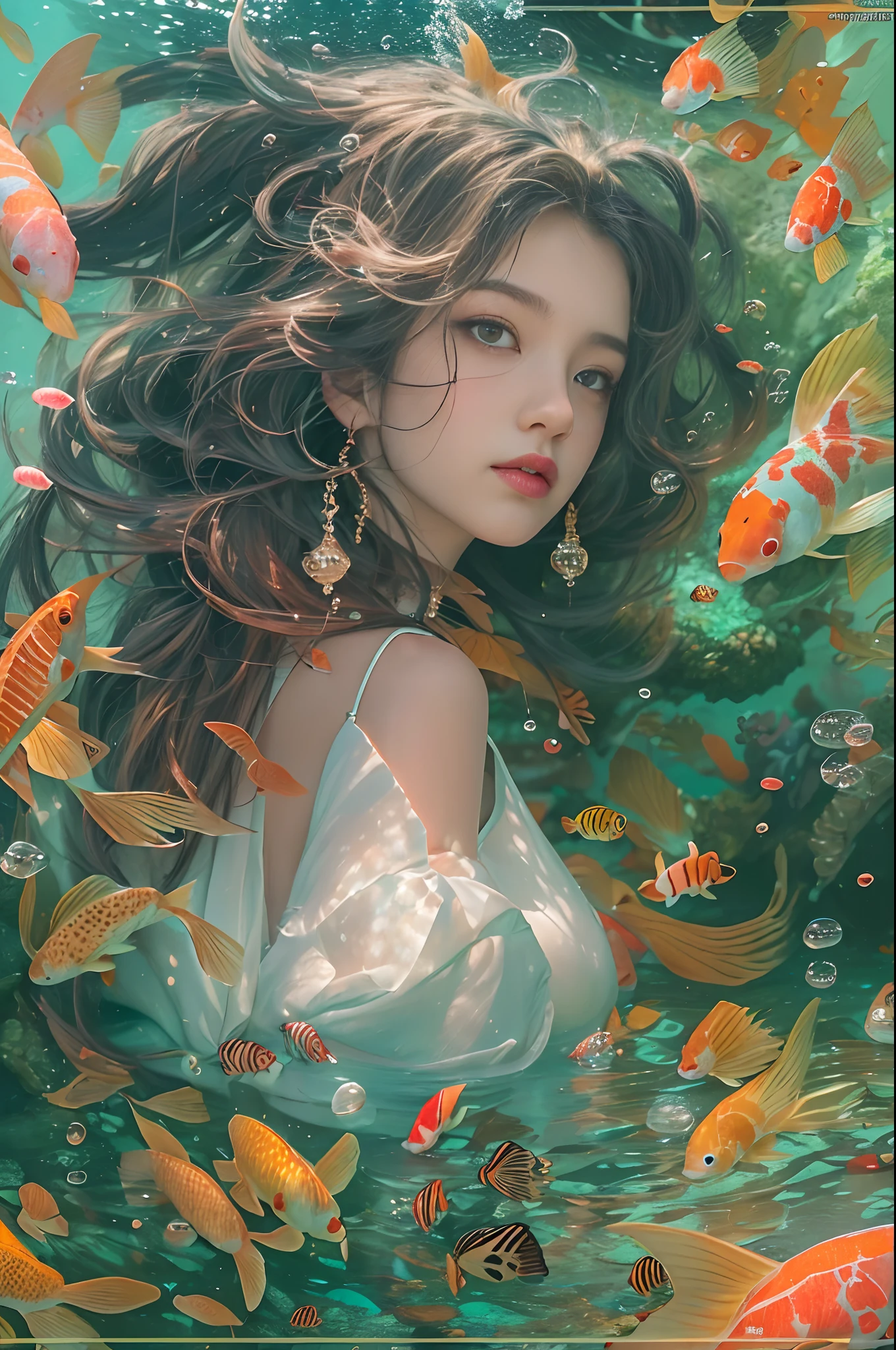 ModelShoot style, (Extremely detailed Cg Unity 8K wallpaper), A chaotic storm of intricate liquid smoke in the head, Stylized abstract portrait of beautiful girl, wetted skin,Koi,Beautiful koi,Flocks of koi,carp,Strange shaped corals,ocean floor,Beautiful coral reef in the background,Rochas,Marine life,author:Petros Afshar, ross tran, tom whalen, Peter Mohrbacher, Art germ, Broken glass, ((bubbly underwater scenery)) Radiant light octane rendering is highly detailed