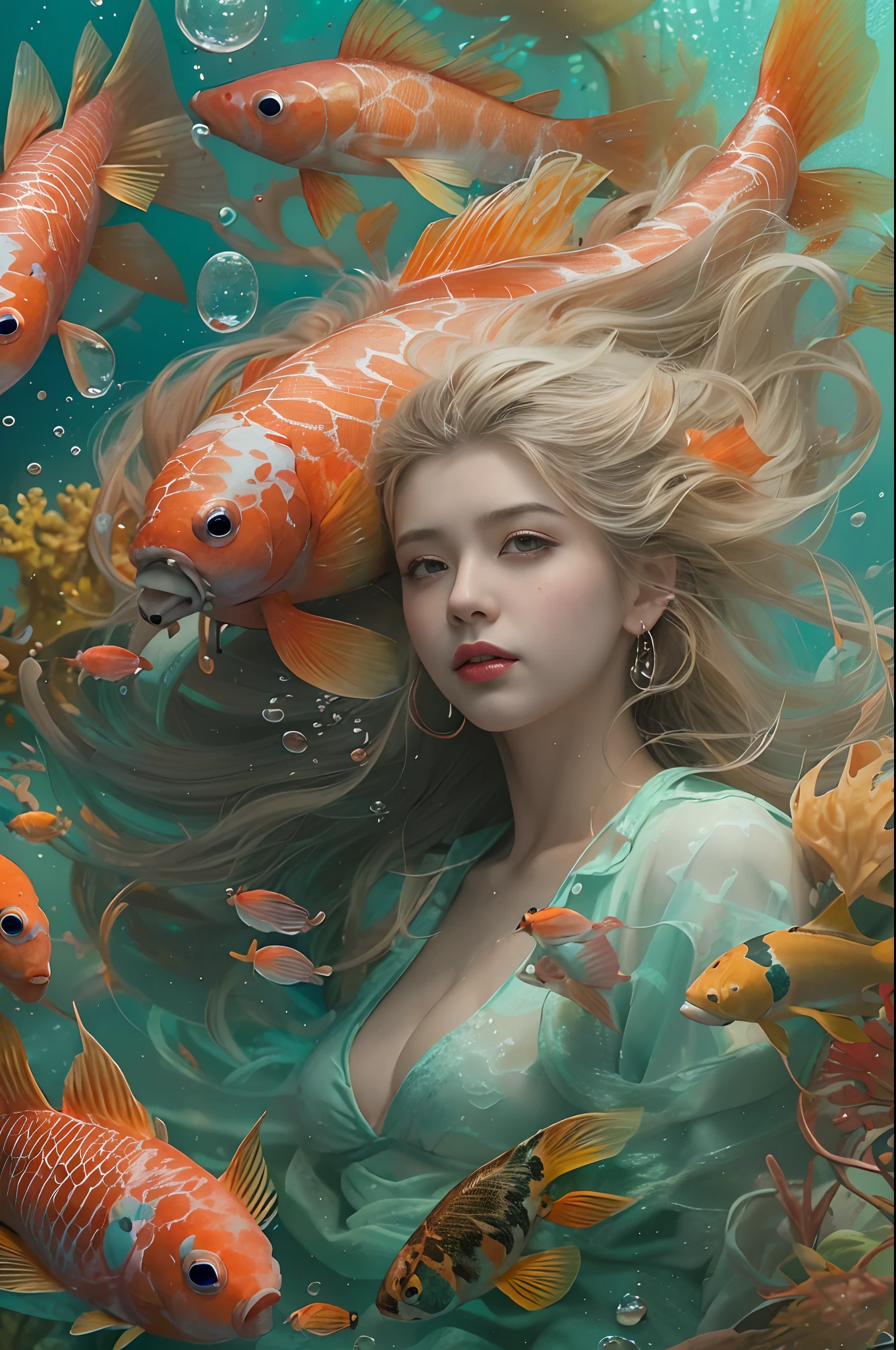 ModelShoot style, (Extremely detailed Cg Unity 8K wallpaper), A chaotic storm of intricate liquid smoke in the head, Stylized abstract portrait of beautiful girl, wetted skin,Koi,Beautiful koi,Flocks of koi,carp,Strange shaped corals,ocean floor,Beautiful coral reef in the background,Rochas,Marine life,author:Petros Afshar, ross tran, tom whalen, Peter Mohrbacher, Art germ, Broken glass, ((bubbly underwater scenery)) Radiant light octane rendering is highly detailed