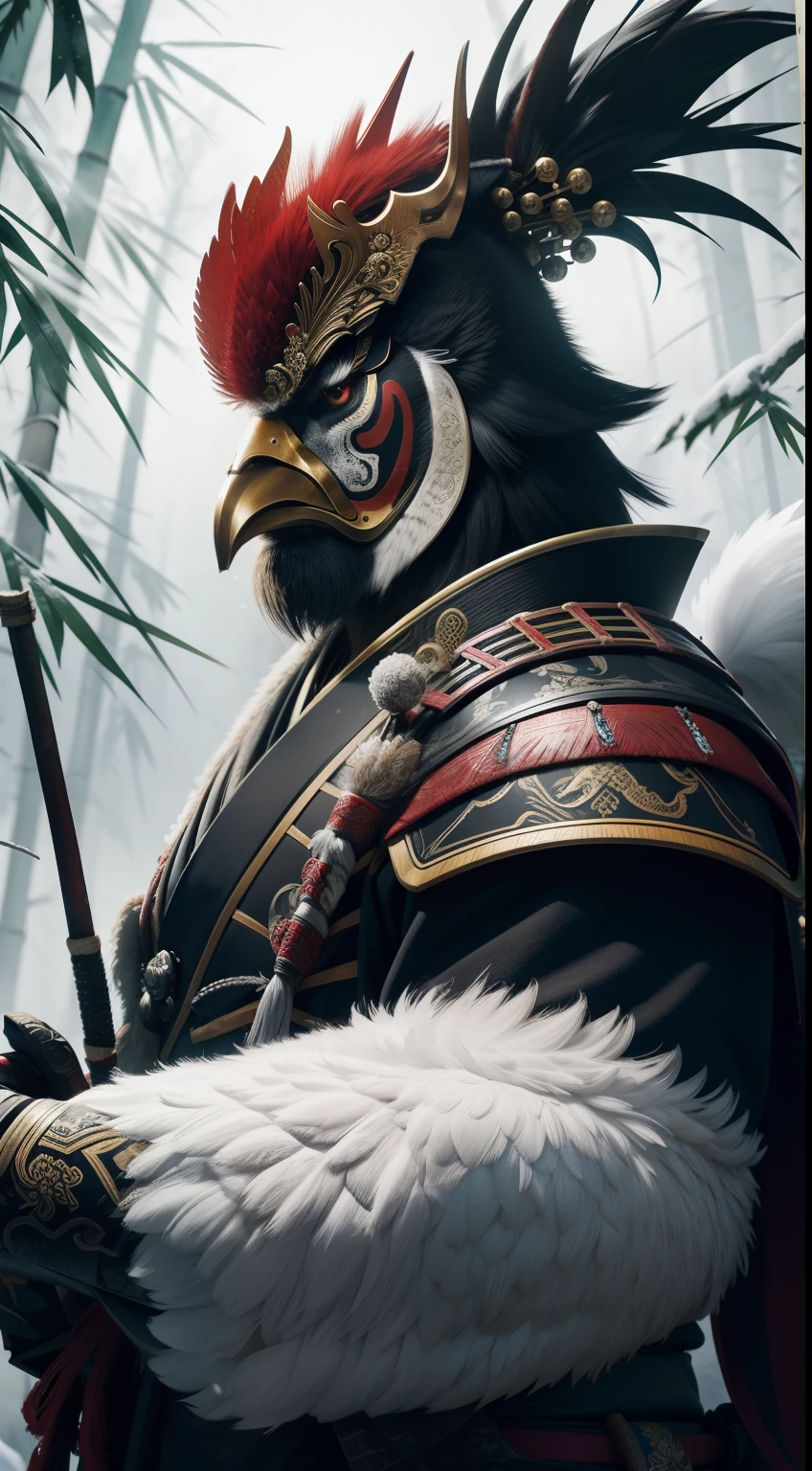 samurai, rooster-face, snow, bamboo jungle, Animal Anthropomorphism, realistic digital, humanoid, abstract background, global illumination, intricate, epic, dramatic, masterpiece, high detail, best quality, ultra high res