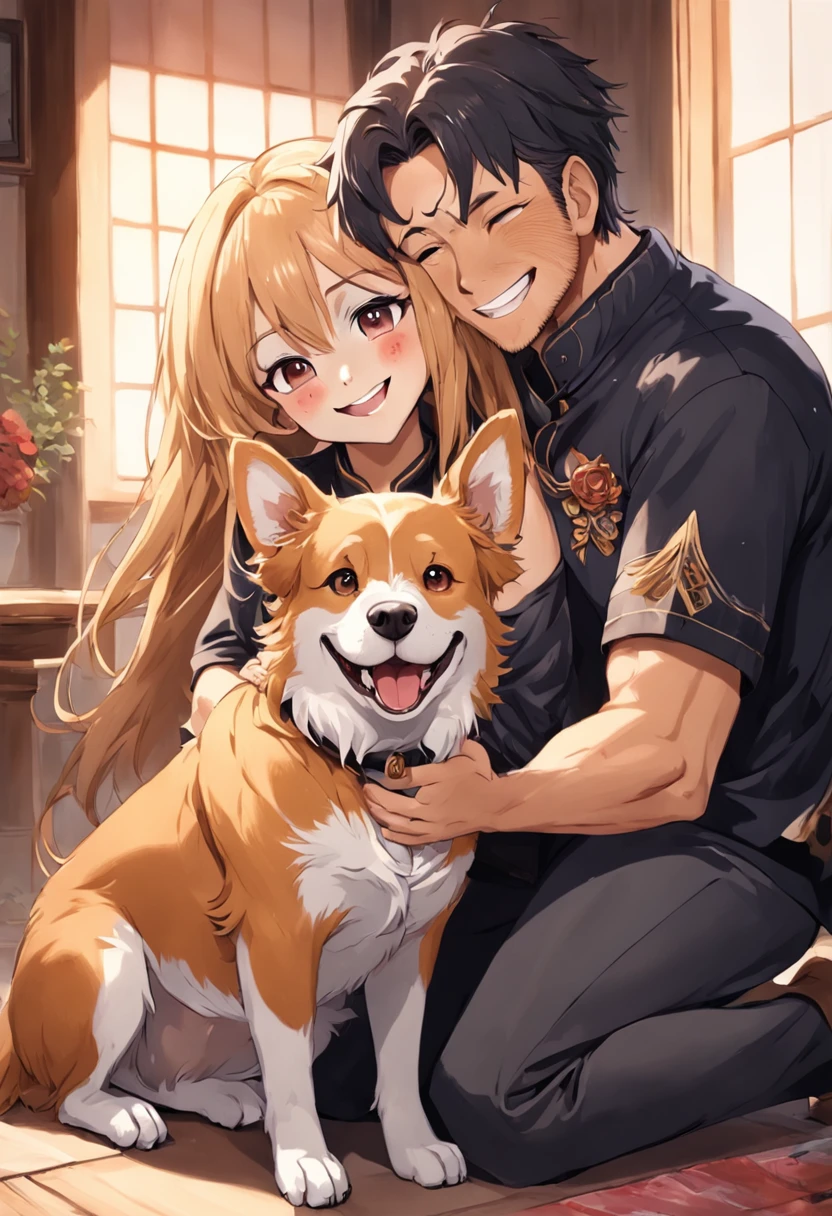 插圖,estilo desenho,cartoon, retrato casal, homem,moreno ,sorridente, mulher, loira,sorridente, Yorkshire dog on their lap,lamber a cara da mulher,fundo branco