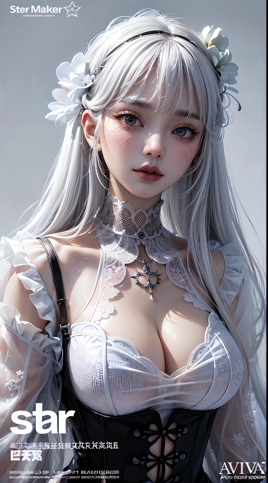 RAW, (masterpiece, best quality, photorealistic, absurdres, 8k:1.2), best lighting, complex pupils, detailed background, day, hospital,
1girl, solo, upper body, (close up, face focus:1.2), looking up, cowboy shot, standing, curious, shiny skin, eyeliner, gothic eyeshadow, blush, flower, very long hair, curly hair, white hair, highly detailed skin,
fishnet bodysuit, hair tubes, chocker, see-through, (magazine cover, FashionMagCover, japanese text, username, watermark, user name, artist name, signature:1.1),