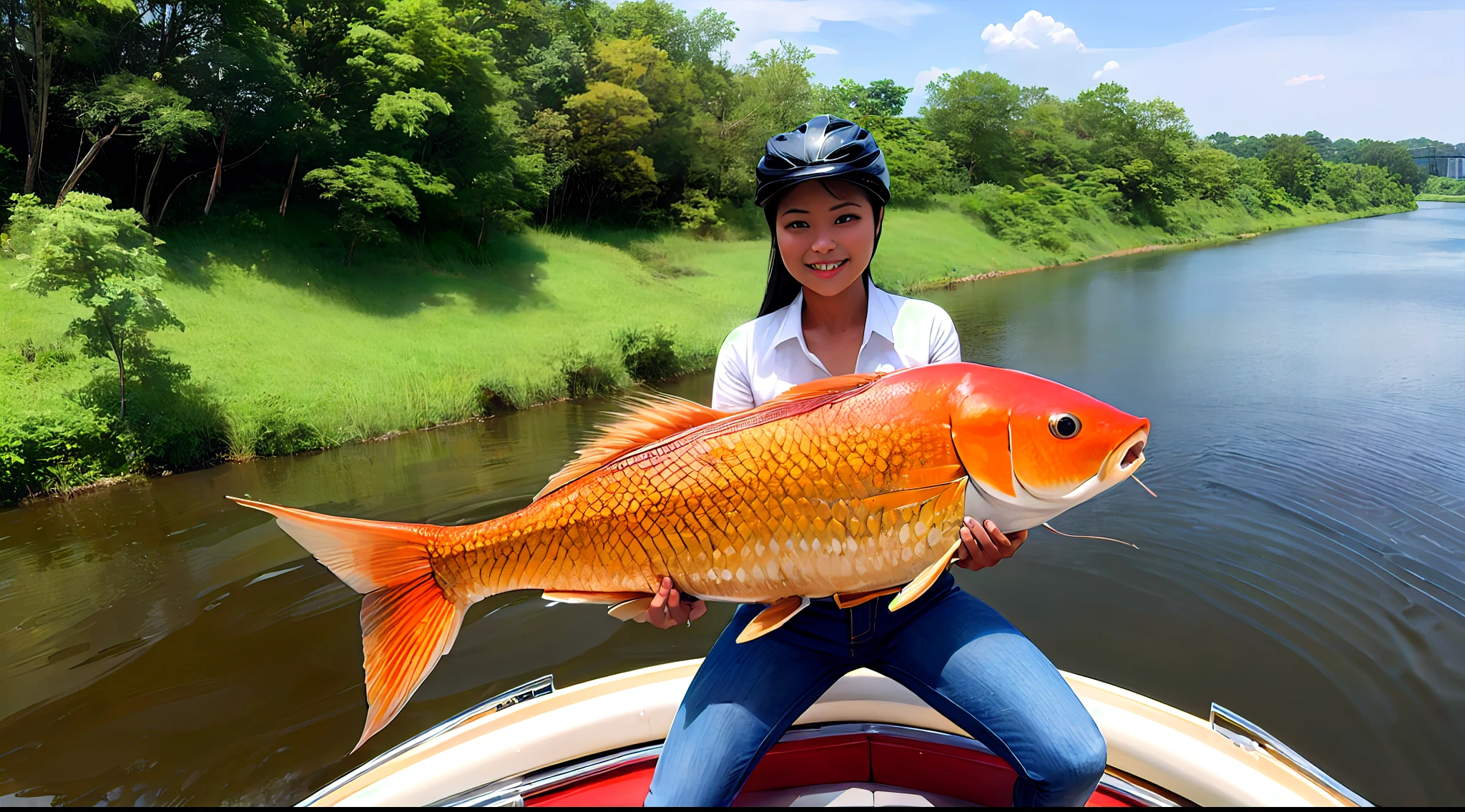 Beautiful woman riding astride a giant Nishikigoi carp, background the large river, wide angle shot full body view, detailed beautiful face, detailed eyes