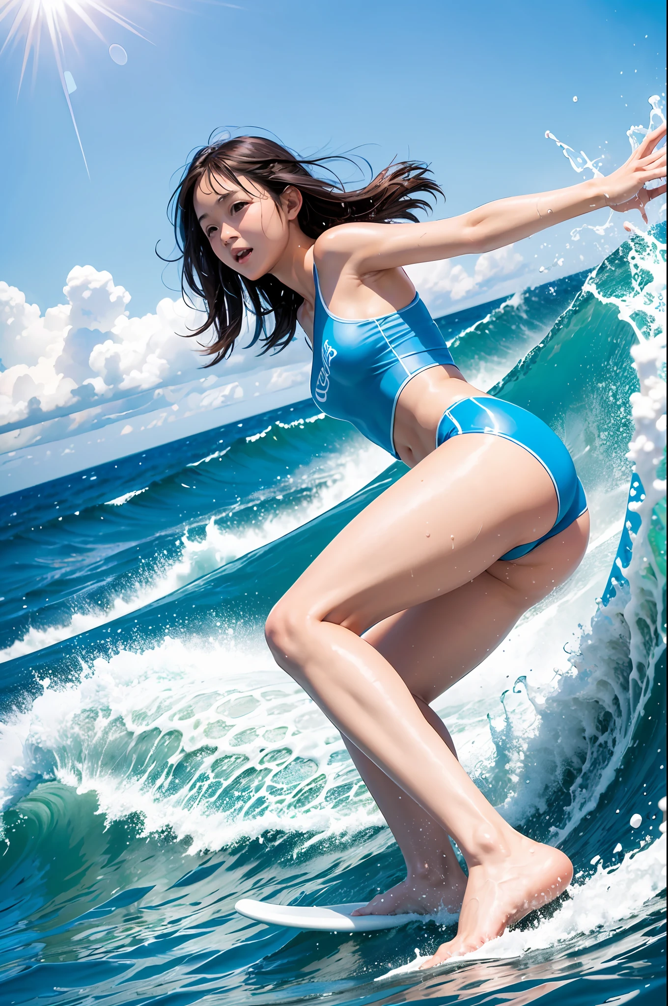 masterpiece、hightquality、high-detail、Big wave、Surfing、younggirl、swim wears、surfboard、Splash、blue-sky、Brown-skinned、Wet eyes、wetted skin、blue sea、Balancing