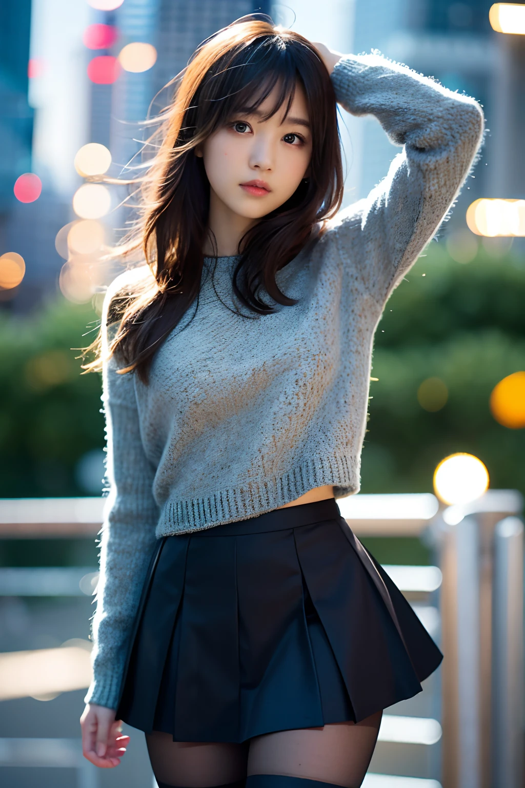 1girl, (looking at viewer),  (bokeh:1.1), parted lips,expressionless, realistic, arm up, tights,
skirt, skyline,
realistic,