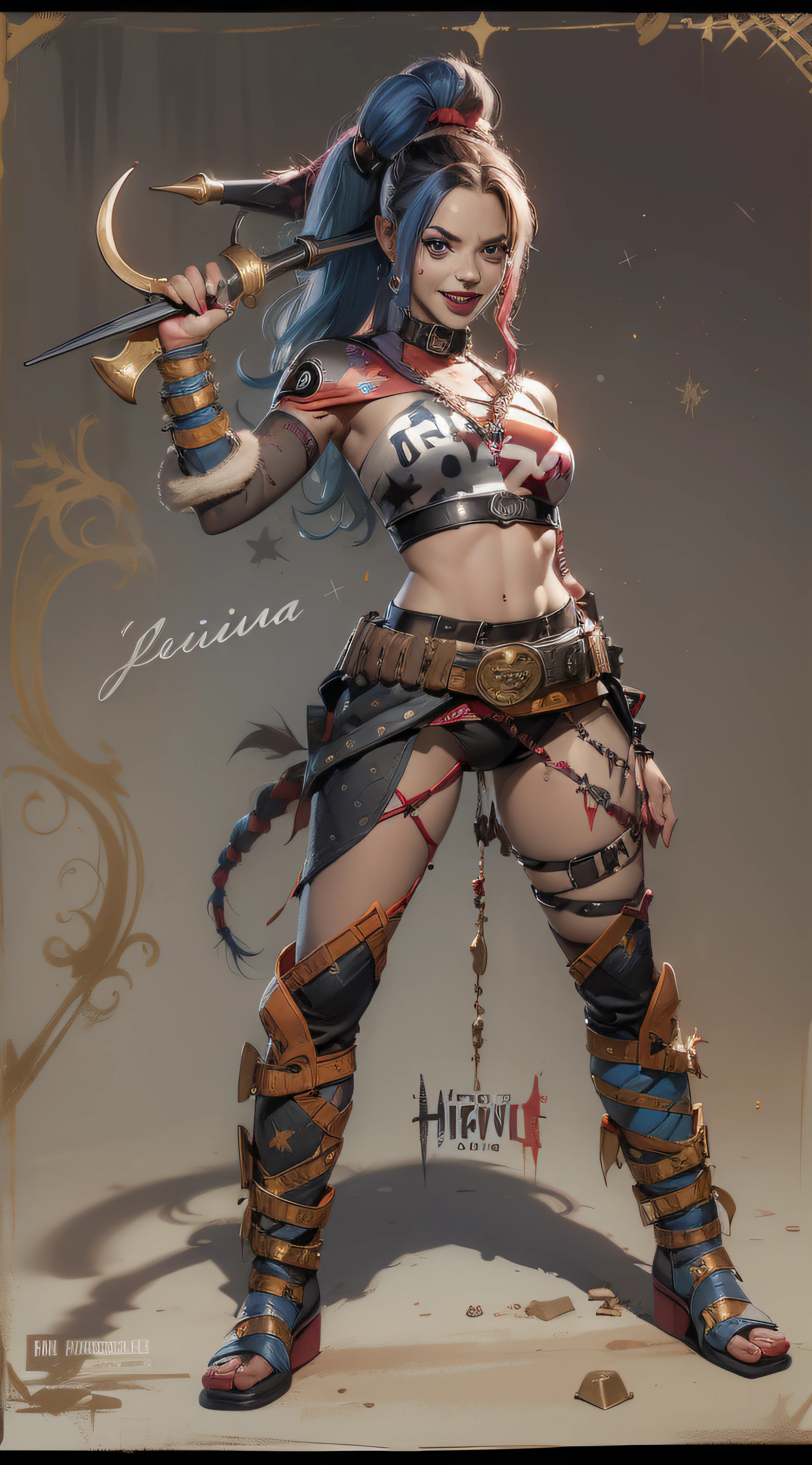 (((Harley Quinn))), ((Harley Quinn qualidade))), (((obra prima))), (((adulto))), ((( Vision from the waist up ))), estilo quadrinhos, Harley Quinn, of 30 years with athletic body, Post Apocalypse, Armadura moderna, Muitas tiras e fivelas, capuz, Half-moon symbols and gold stars on clothing, Arabic symbols, muitas joias, (((sozinho))), (((1girl))) , Gladiadores do Brooklyn, quase nua no estilo selvagem urbano de Simon Bisley para a capa da revista Heavy Metal, cabelos moicanos, pose sensual, tiny leather panties, , Minimum clothing, black and red arabesque pattern, armadura, cheio de pontas e estrelas, (((da cintura pra cima))), mohawk hair with small braids, explosion of colors, Wowdk