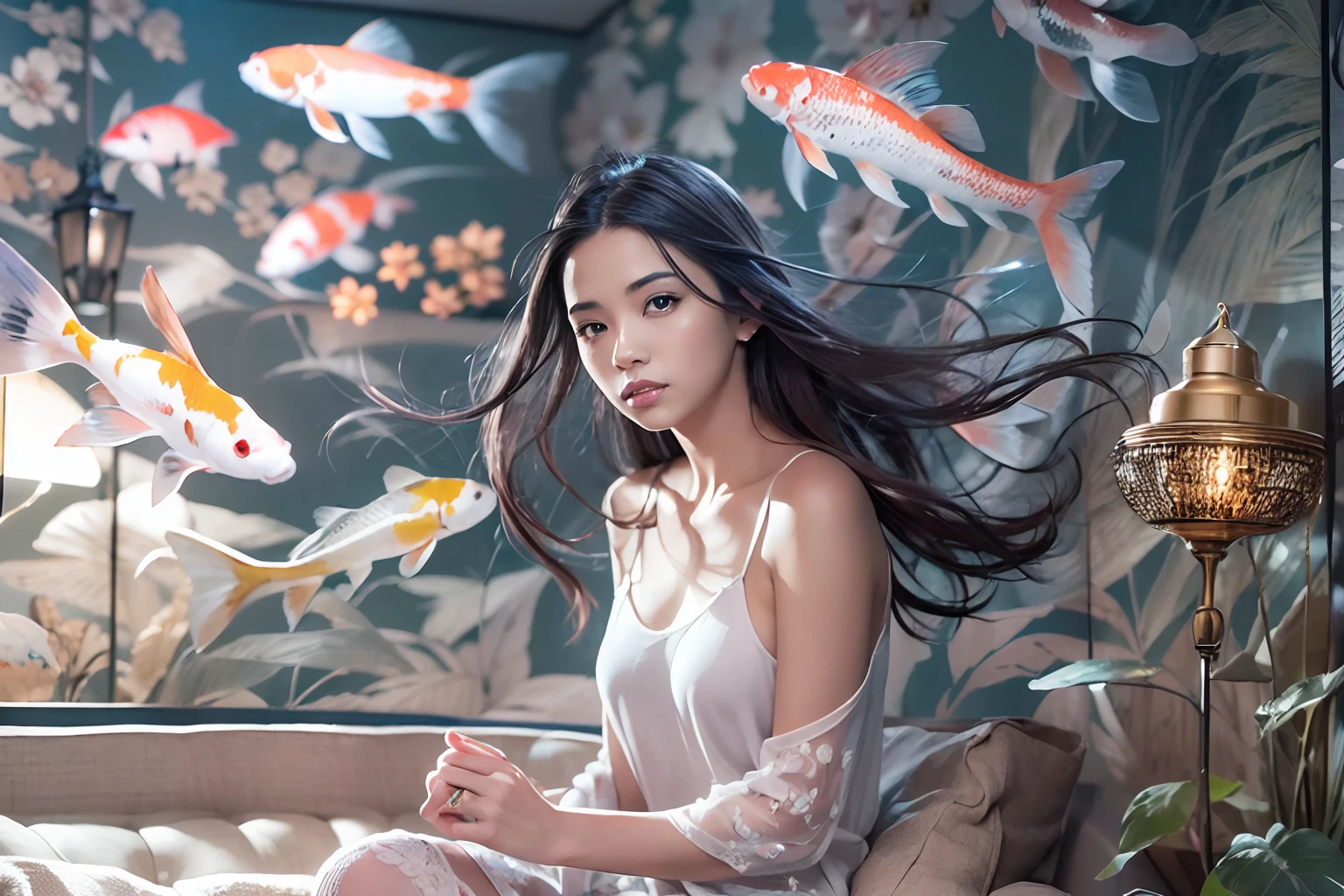 graphic novel illustration, (koi fish in the water tank embedded in walls with holography lighting:1.1), (white skin girl with nightdress is sit on the sofa:1.2), wide shot, ash gray long hair, 100 years into the future room background in detailed, natural lighting, tonal contrast, photo painting, digital colored, (intricately detailed texture:1.2), (insanely detailed detail:1.1), (extremely detailed skin:1.2), beautiful face, (professional art work:1.1), 16K, (ultra quality:1.1), best quality, highest quality, texture, beautiful, smooth and flawless and soft skin, wine, lamp, real time rendering,