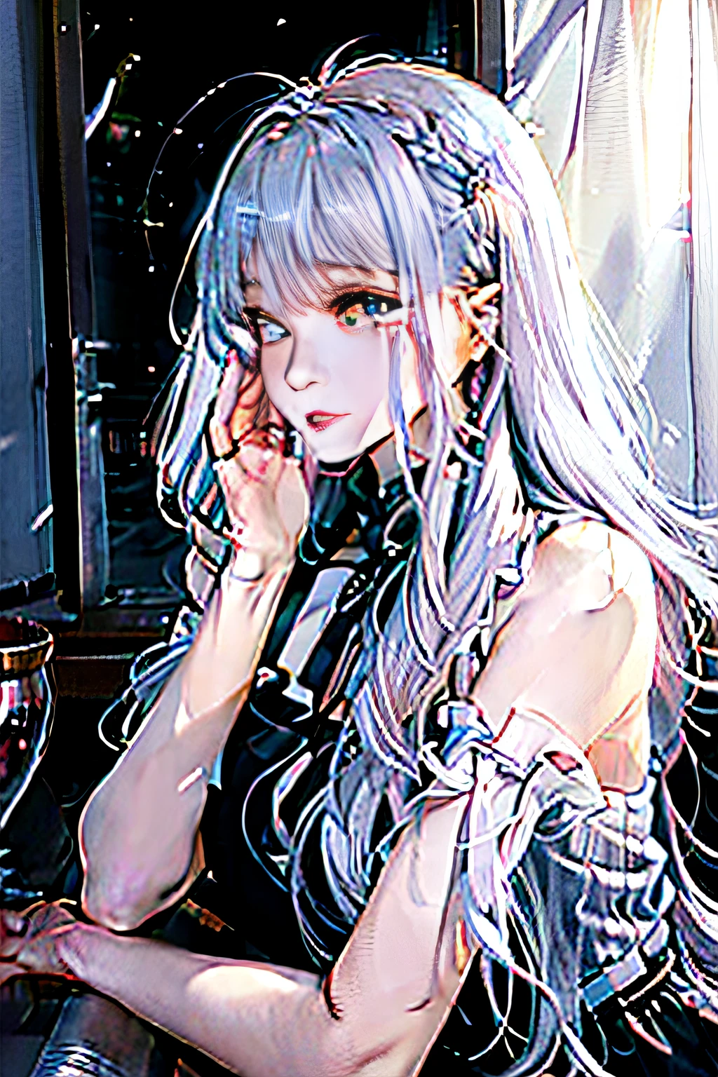 Silver hair, curtained hair, hair splayed out, Tears, ripped apart, Silver hair, curtained hair, hair splayed out, Tears, ripped apart, Anime style, romanticism lain, reflective light, Close-up, Ultra-wide angle, Anime style, romanticism lain, reflective light, Close-up, Ultra-wide angle, hyper HD, High details, 4K, Textured skin, The picture is clear，The background is simple，