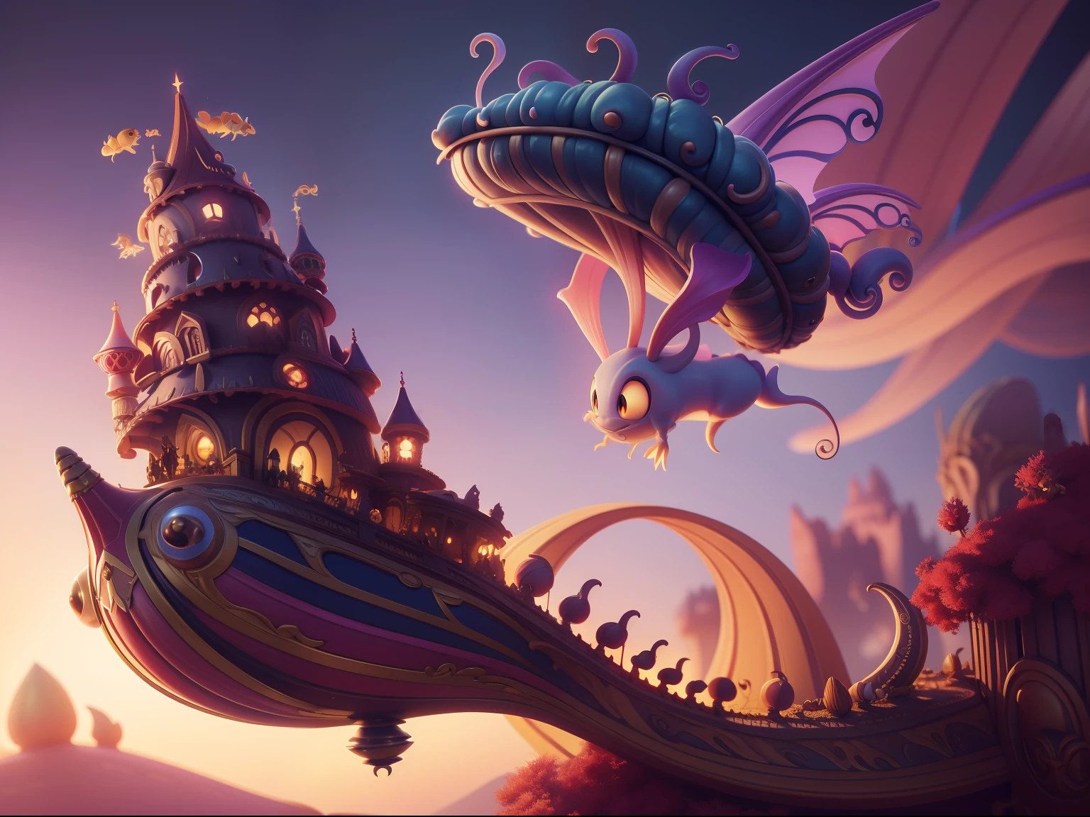 phantasy, Cartoon illustration of a fantasy world with bizarre flying large caterpillars and snails, Everyone is cheerful and happy. a closeup of a, Cinematic, a lot of details. Blurred fantasy background. Light haze.