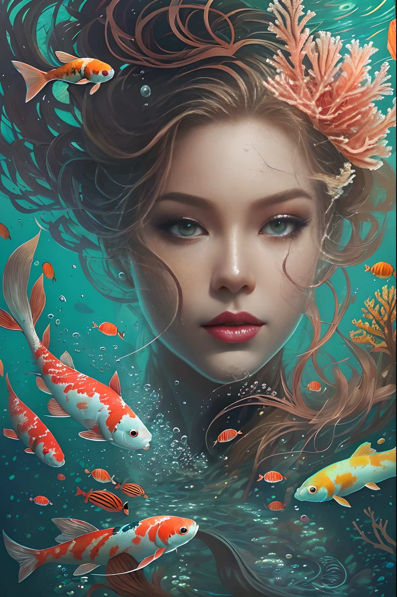 ModelShoot style, (Extremely detailed Cg Unity 8K wallpaper), A chaotic storm of intricate liquid smoke in the head, Stylized abstract portrait of beautiful girl, wetted skin,Koi,Beautiful koi,Flocks of koi,carp,Strangely shaped coral,ocean floor,Beautiful coral reef in the background,Rochas,Marine life,author:Petros Afshar, ross tran, tom whalen, Peter Mohrbacher, Art germ, Broken glass, ((bubbly underwater scenery)) Radiant light octane rendering is highly detailed