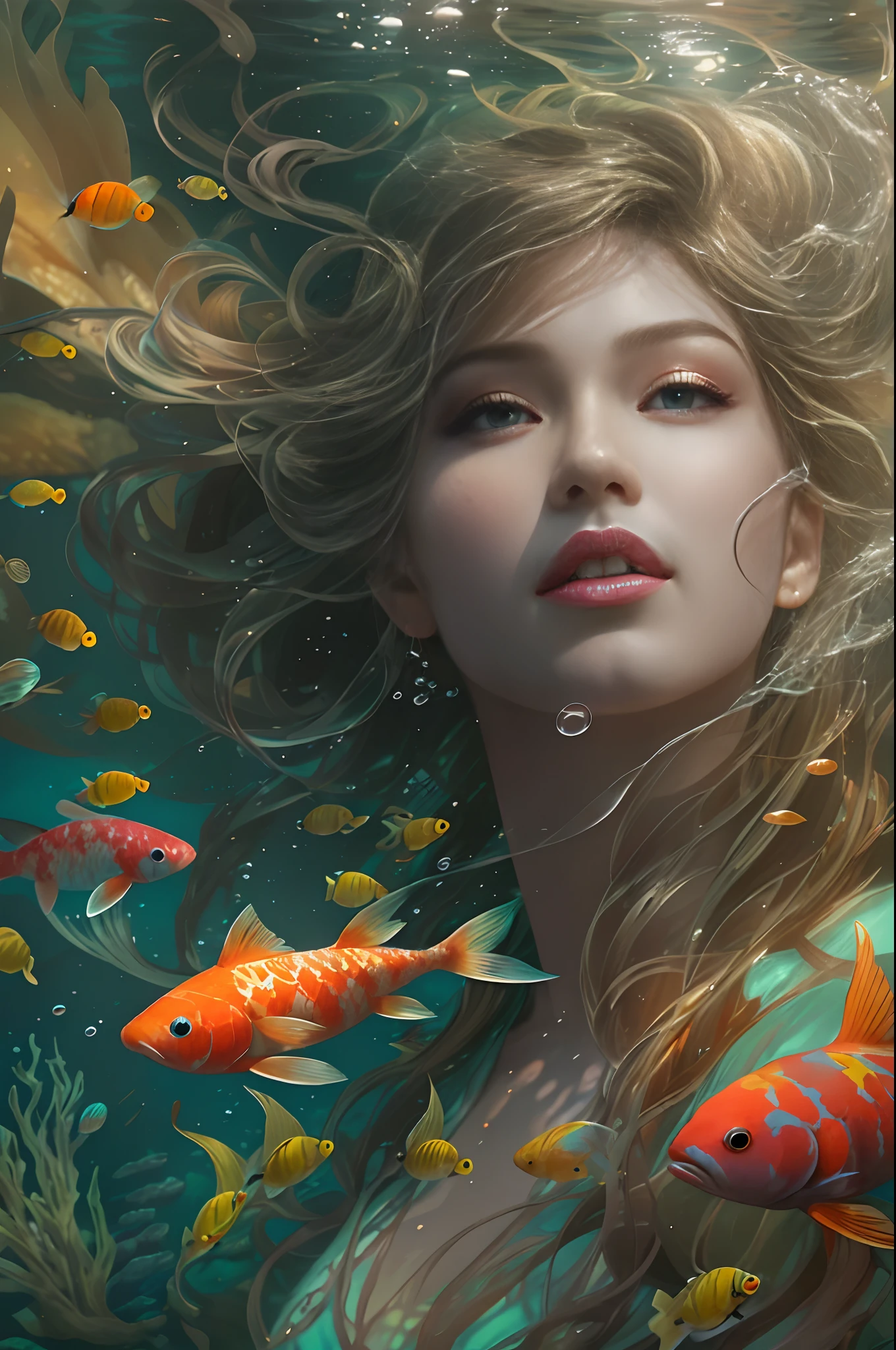 ModelShoot style, (Extremely detailed Cg Unity 8K wallpaper), A chaotic storm of intricate liquid smoke in the head, Stylized abstract portrait of beautiful girl, wetted skin,Koi,Beautiful koi,Flocks of koi,carp,Strangely shaped coral,ocean floor,Beautiful coral reef in the background,Rochas,Marine life,author:Petros Afshar, ross tran, tom whalen, Peter Mohrbacher, Art germ, Broken glass, ((bubbly underwater scenery)) Radiant light octane rendering is highly detailed