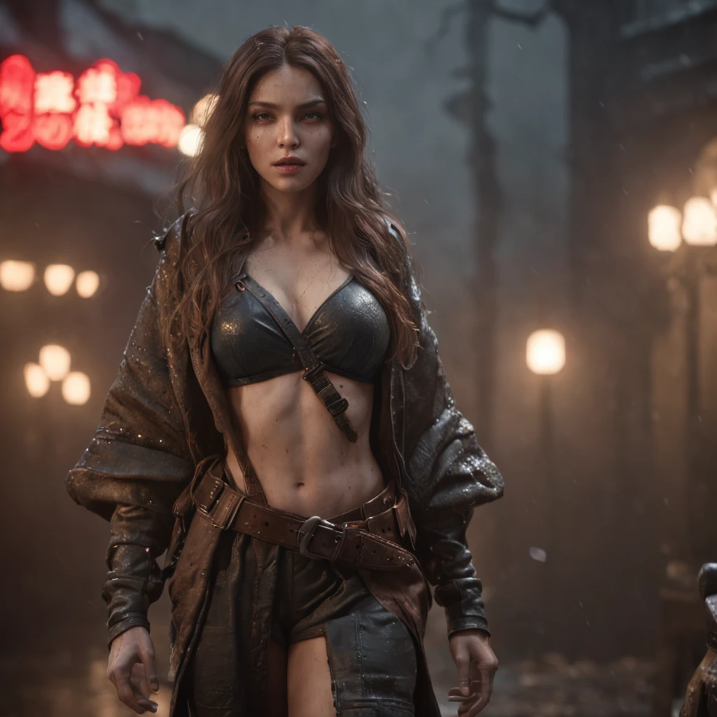 (professional 3d render:1.3) af (Realistic:1.3) The most beautiful artistic photo in the world,Soft function, Brilliant heroine, ((Epic hero fantasy sexy woman rough wet hero angry look long hair and expression seduce you dynamic pose, Fantastic location, Majestic and cluttered environment)), Full body 8K unit rendering, action shot, skin pore, very dark lighting, heavy shading, A detailed, Detal Face, (vibration, Realistic photography, Realistic, Dramatic, darkly, foco nítido, 8K), (Old leather clothing damaged due to bad weather:1.4), ((((Use skins)))), (复杂:1.4), decadent, (highly detailed:1.4), digitial painting, rendering by octane, art stations, concept-art, Liso, foco nítido, illustration, From the germ of art, (loish:0.23), wlop ilya kuvshinov, e Greg Rutkowski e Alphonse Mucha Gracias, (global ilumination, studiolight, Light volume), very heavy rain, Floating particles, lotr, fanciful, biz, Inteiroesbian body, ((Dark and ancient city background:1.3)),CGSesocieda,art stations