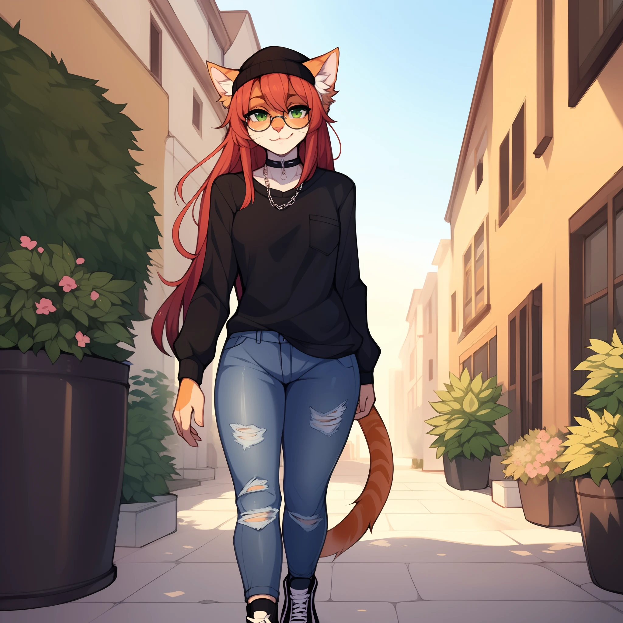 Solo:1.2, By claweddrip, by fumiko, by hyattlen, a cute female orange tabby cat, long hair, ruby hair, green eyes, long white whiskers, cute orange tabby cat ears, orange tabby cat tail, tall, slender, wearing ripped jeans, pocket chain, scuffed black converse shoes, black long sleeve shirt, black beanie, large round clear glasses, standing in a beautfiul flower courtyard, high quality, fluffy ear tips, walking towards viewer