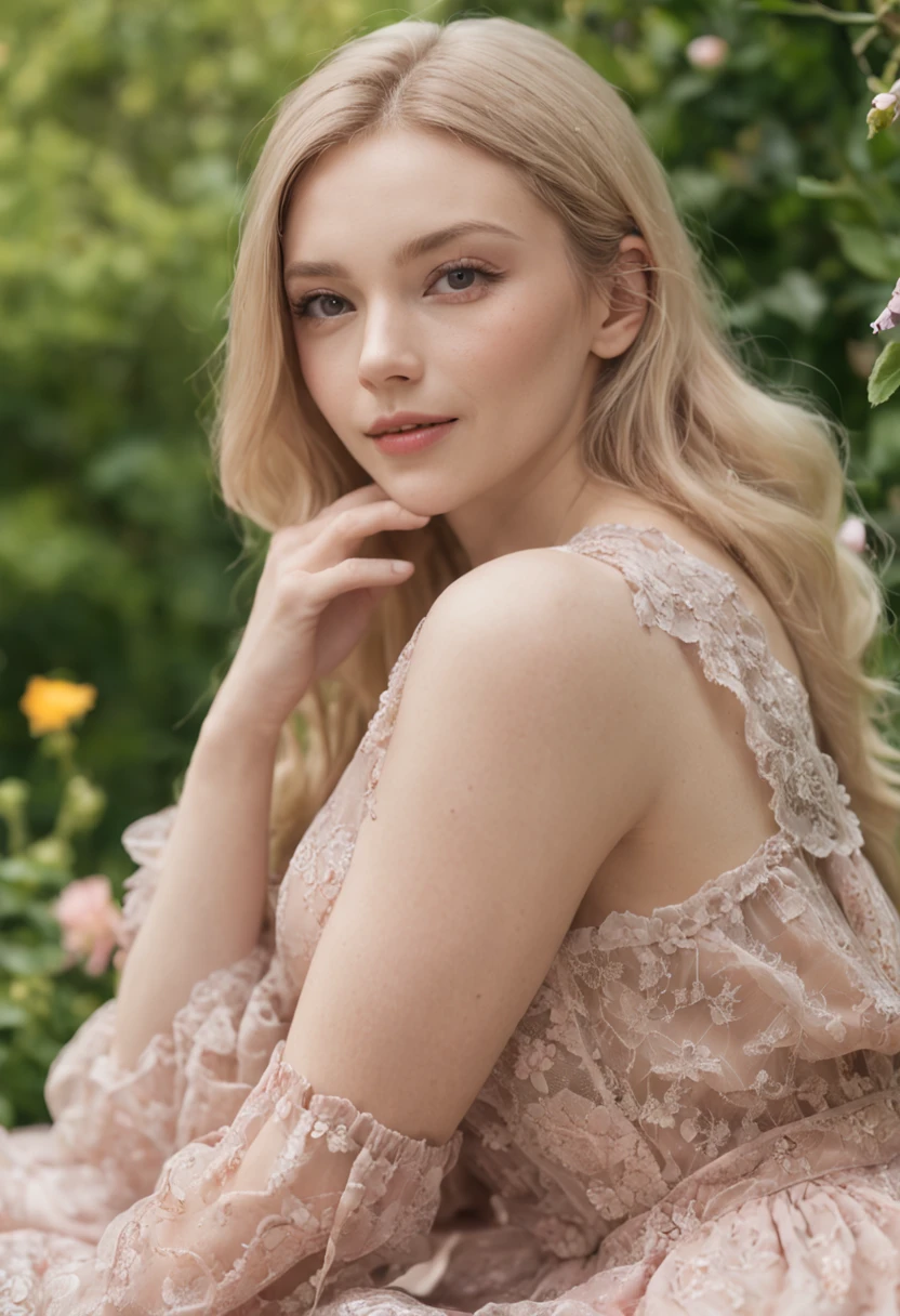 (masutepiece, A striking portrait:1.3), (Seductive image of a blonde in a flower garden:1.2), (Камера Canon EOS 5D Mark IV, It is famous for its bright colors and rich textures:1.2), (Paired with Canon EF 35mm F/1.4L II USM lens for versatile compositions:1.2), (flowing, Voluminous blonde hair, Picked up by the breeze, Adding dynamism:1.1), (Glow Blue Eyes, reflecting the shadow of the sky:1.1), (a perfect face, Exuding perfection:1.1), (Knee-length sundress, full of kaleidoscopes of colors:1.1), (Her cheerful smile radiated pure happiness:1.1), (Playful dress movements, To catch the light:1.1), (Combine wildcolors to create a striking background:1.1), (Sun-drenched fields, depicting a joyful atmosphere:1.1), (Camera sensor、Captures the intricate texture of her hair and fabric:1.1), (lenses, which accentuate her seductive smile and bright outfit:1.1), (moment, To capture carefree joy in nature:1.1), (Synergy of color and emotion in one frame:1.1), (portraite of a, capturing the essence of a radiant spirit in a blooming landscape:1.1)、One lady、Bustup、full bodyesbian、huge tit、