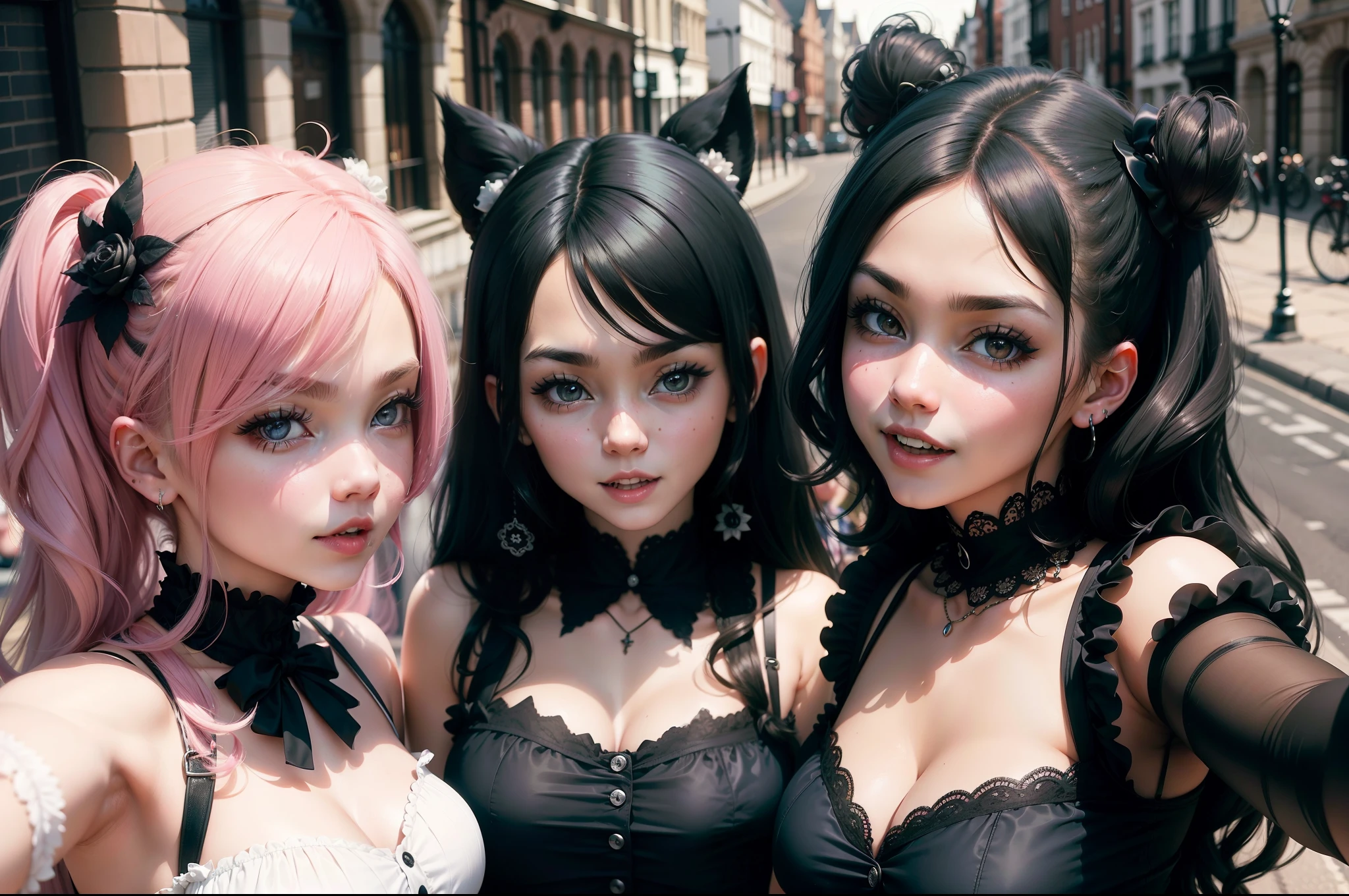 (obra maestra) (La mejor calidad) A selfie of several kawaii gothic-looking women on a London street. They are young, cheerful and love to make jokes in the photos.