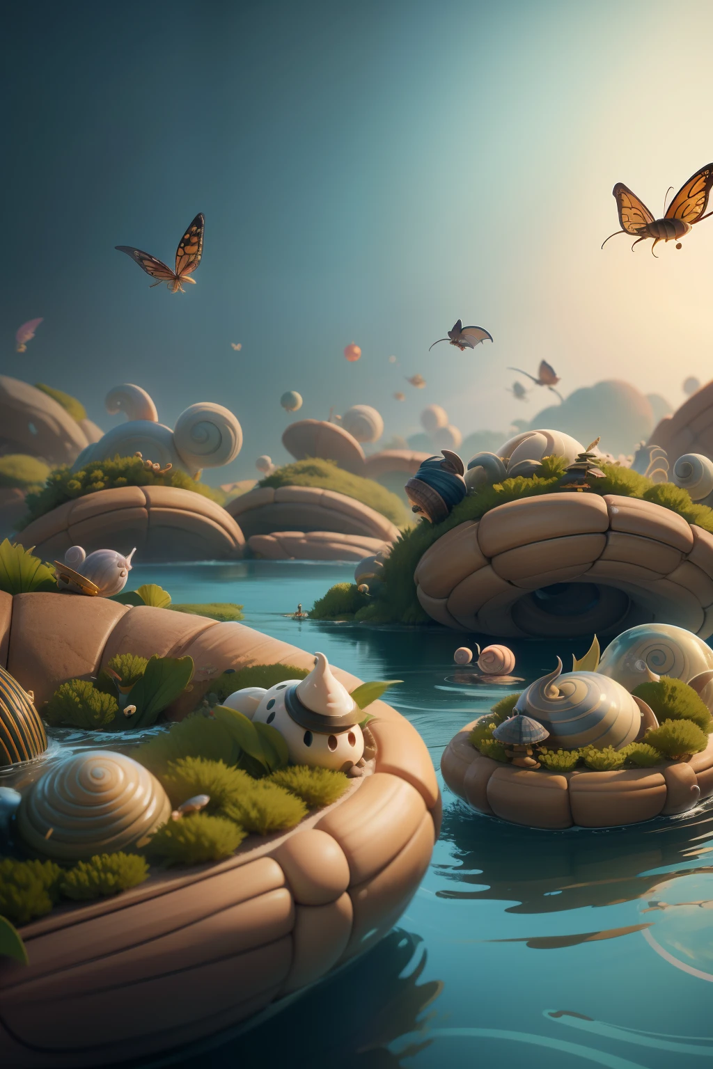phantasy, Cartoon illustration of a fantasy world with bizarre large caterpillars and snails flying over the surface of the lake, Everyone is cheerful and happy. a closeup of a, Cinematic, a lot of details. Blurred fantasy background. Light haze.