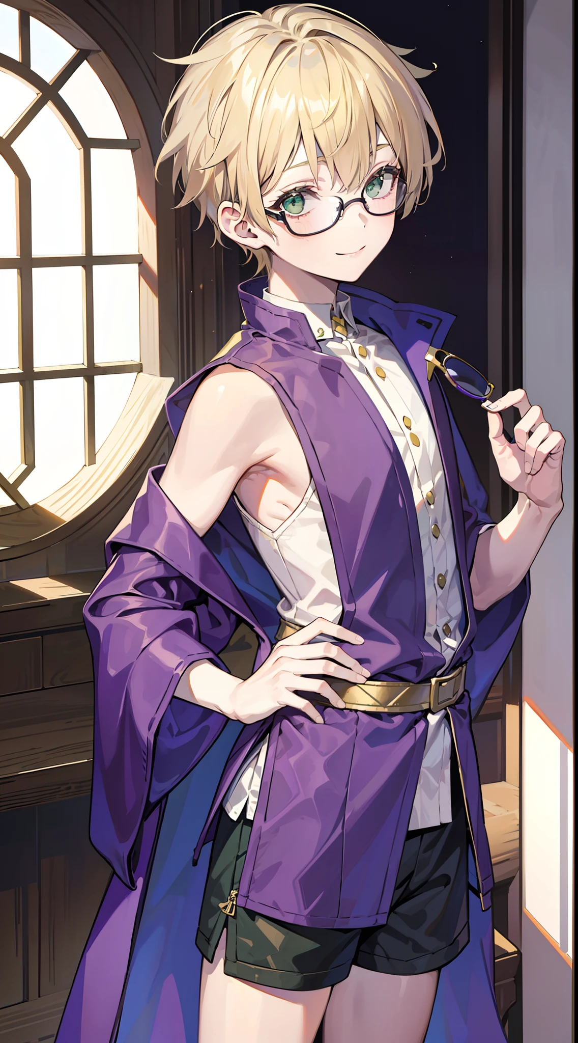 young boy, short blonde hair, Green eyes, Purple robe, Sleeveless, Shorts, pilot's glasses on his head, ssmile, Masterpiece, hiquality