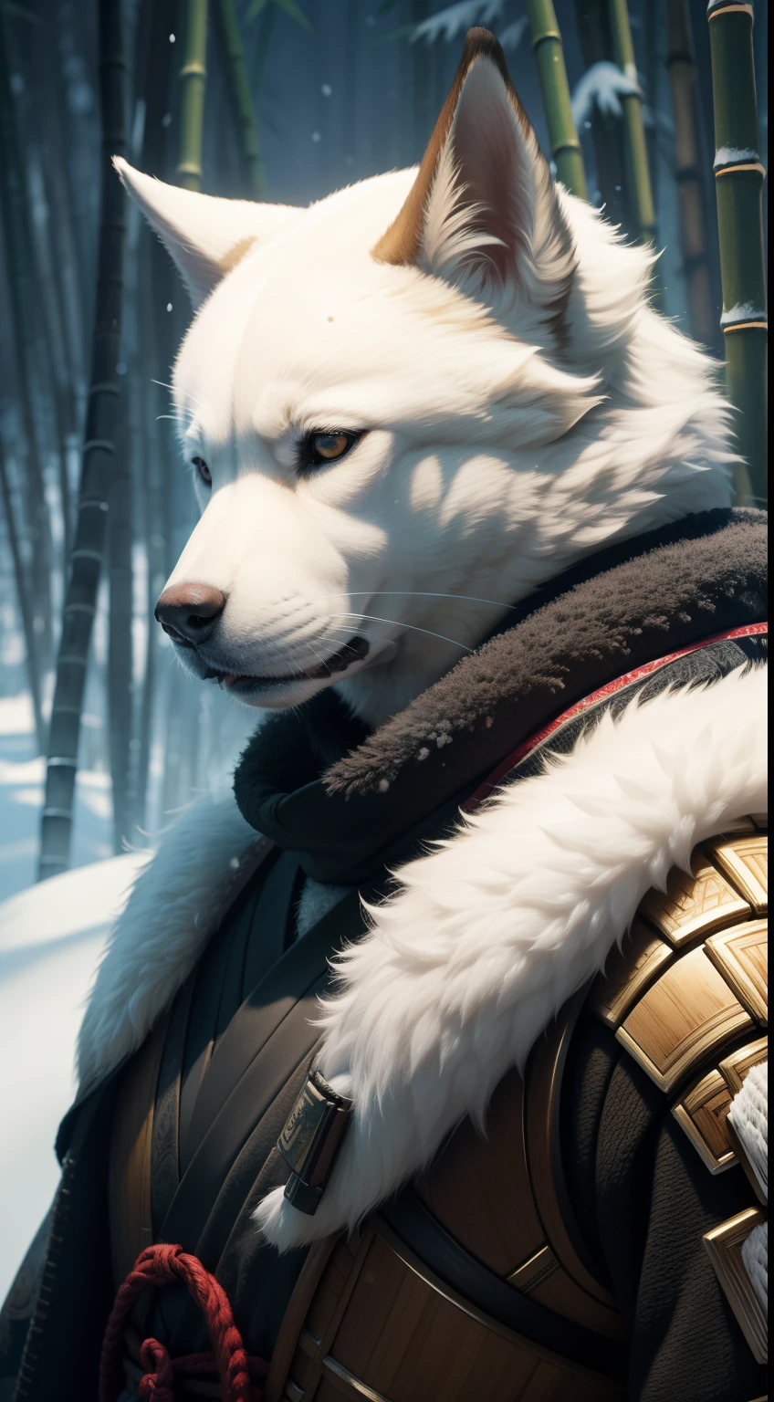 samurai, dog-face, snow, bamboo jungle, Animal Anthropomorphism, realistic digital, humanoid, abstract background, global illumination, intricate, epic, dramatic, masterpiece, high detail, best quality, ultra high res