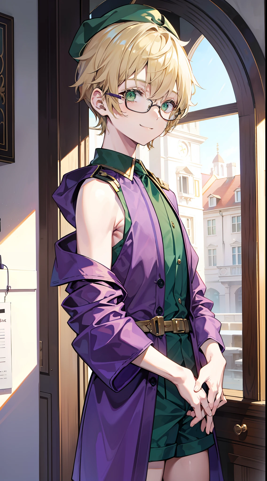 young boy, short blonde hair, green eyes, Purple robe, Sleeveless, Shorts, pilot's glasses on his head, ssmile, Masterpiece, hiquality