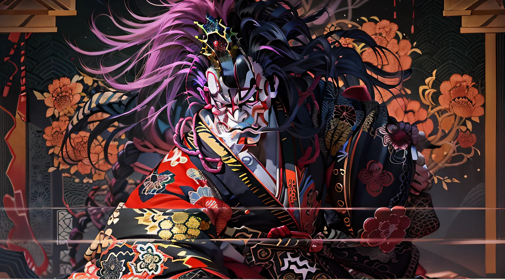 Kabukiza,Kabuki actor,ember,male people,Kime Pose,Long hair,Scary face,The background is the stage,a cool,realisitic,a picture,