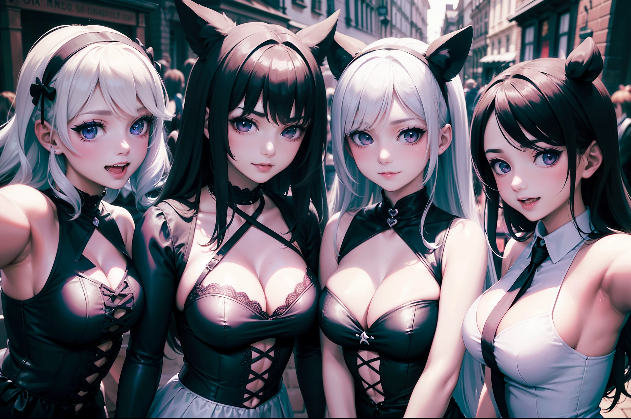 (obra maestra) (La mejor calidad) A selfie of several kawaii gothic-looking women on a London street. They are young, cheerful and love to make jokes in the photos.