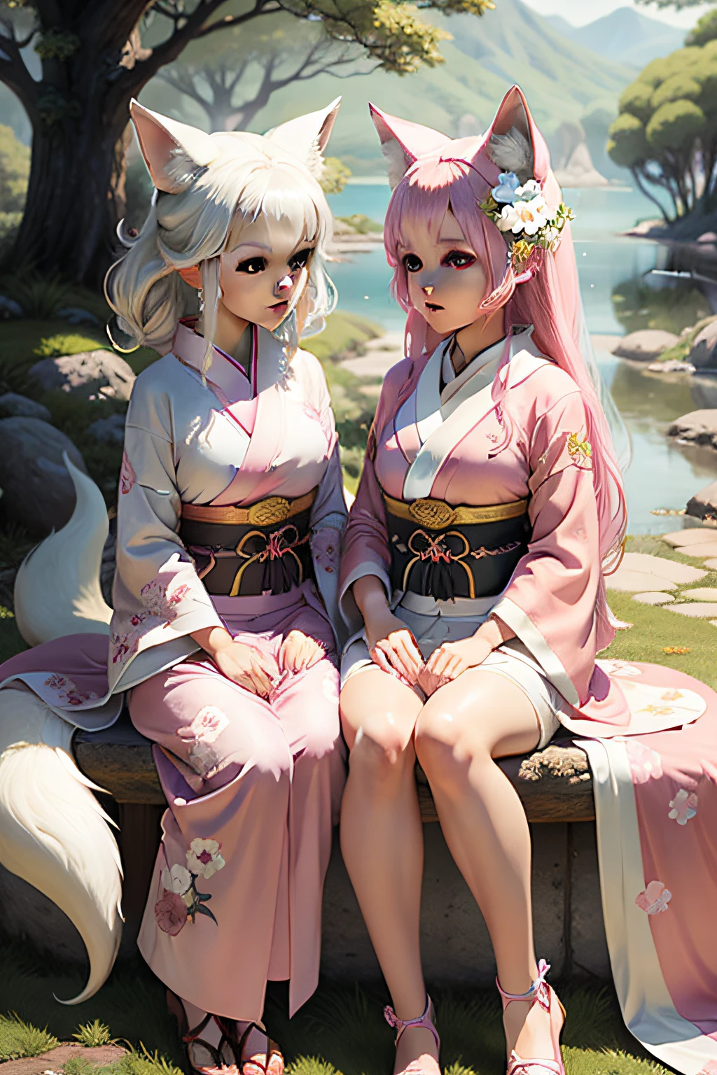 Beautiful girl with pink hair , long hair, 2 braids, Beautiful face, White skin, huge breasts, big ass, dressed in a black kimono, perfect anatomy, Masterpiece, symmetry, no deformations