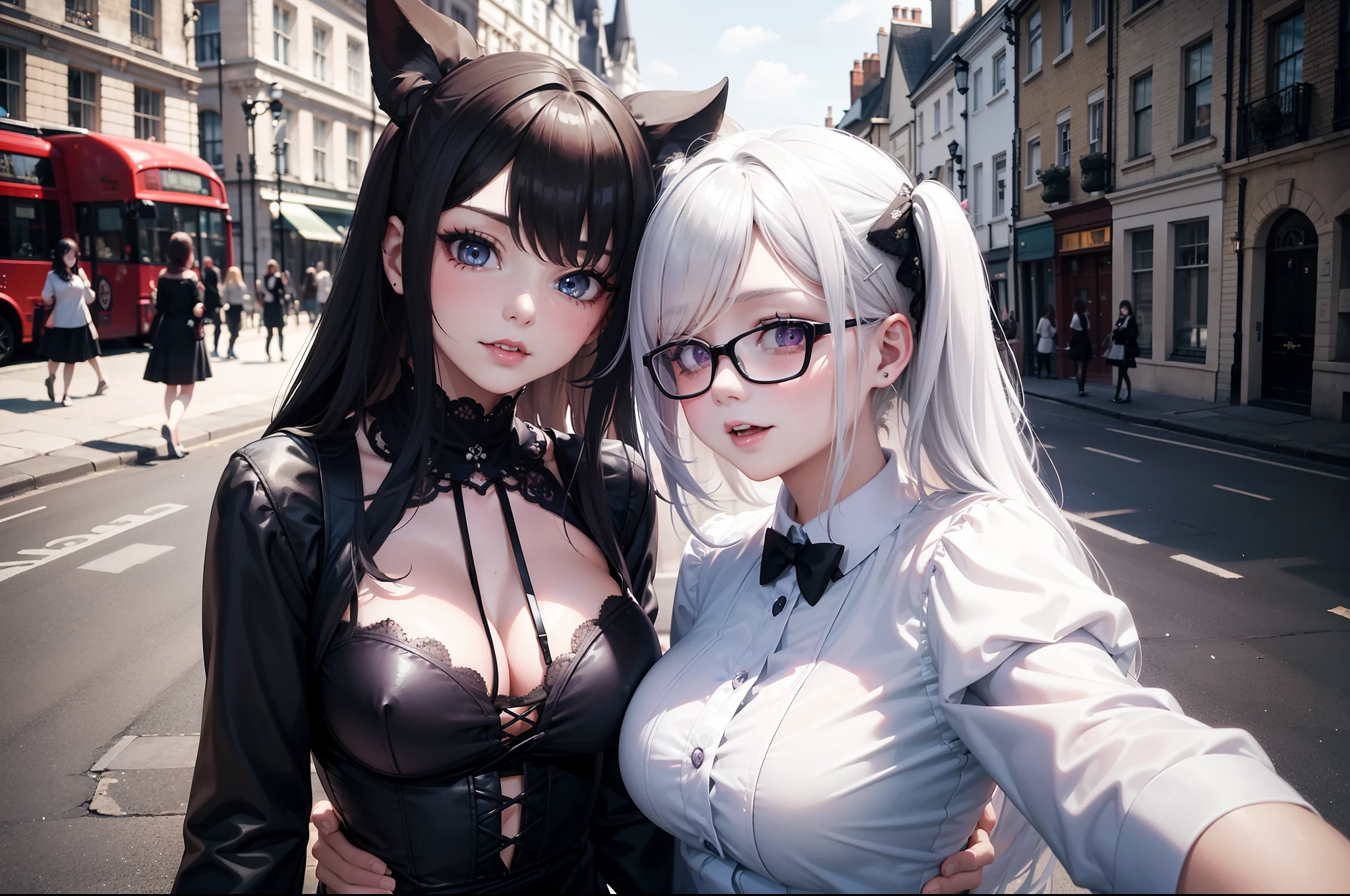 (obra maestra) (La mejor calidad) A selfie of several kawaii gothic-looking women on a London street. They are young, cheerful and love to make jokes in the photos.