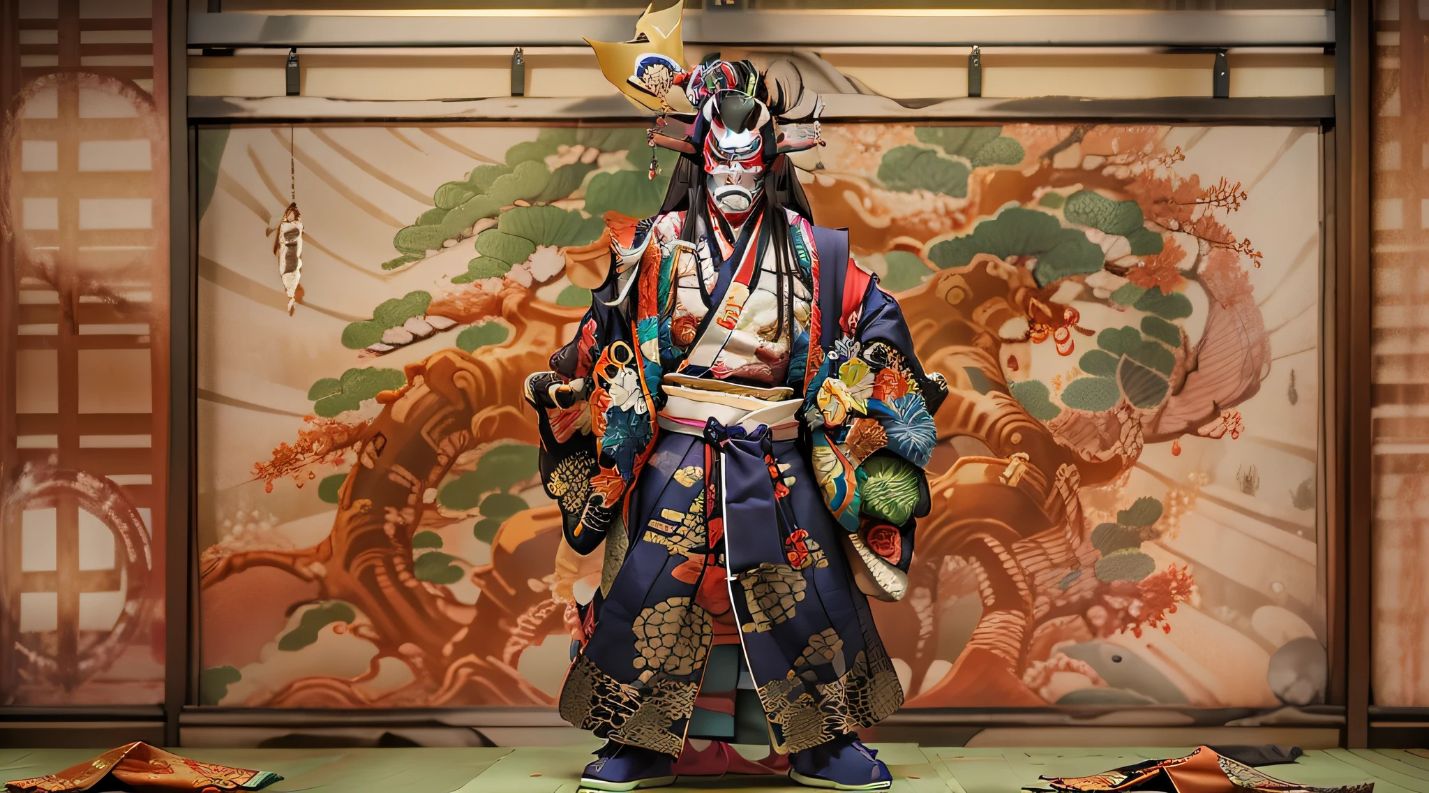 Kabukiza,Kabuki actor,ember,male people,Kime Pose,Long hair,Scary face,The background is the stage,a cool,realisitic,a picture,