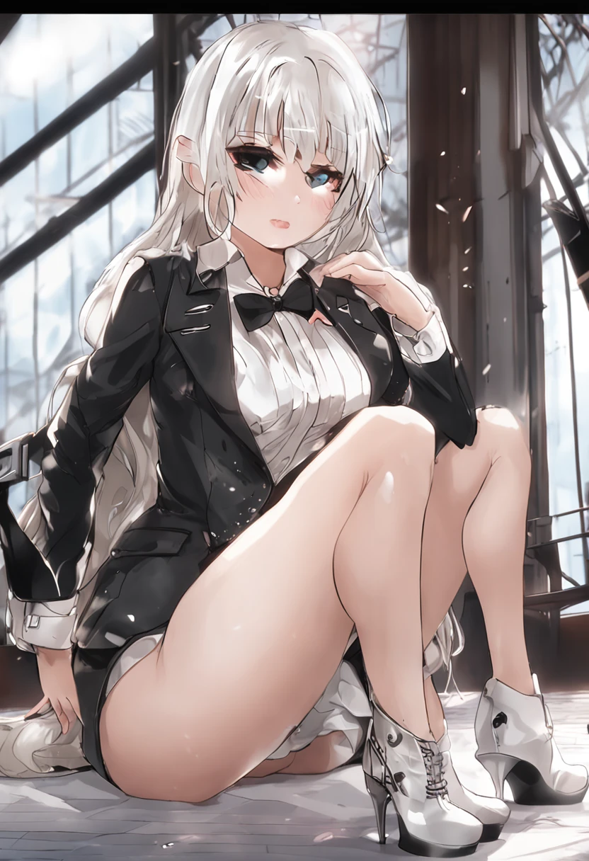A lewd female college student，Has a cute and sexy face，Fair leather suit，Wearing black stockings，Wearing white panties，Wearing a white bra，white color hair，She was lying flat on the bed，Strike a very seductive pose，Wear white high heels，Naked，Best quality, Masterpiece, Super detail, High details