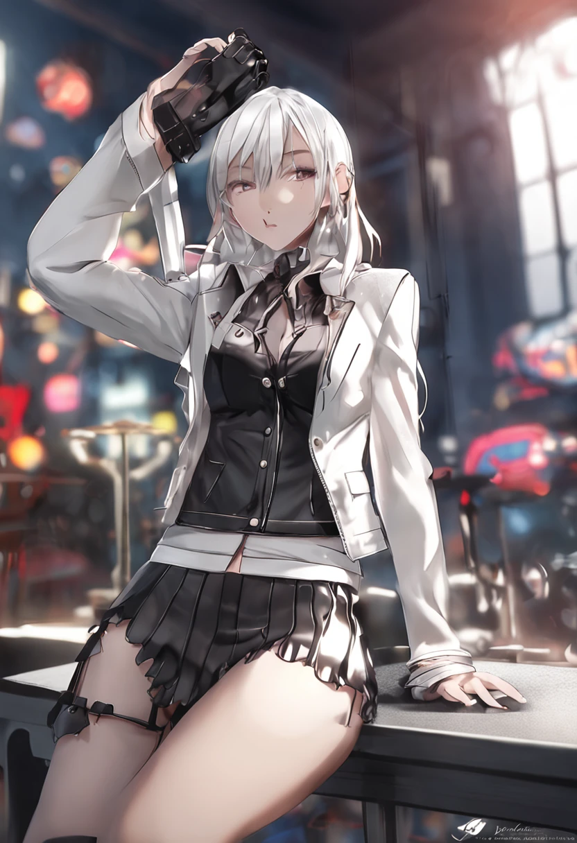 A lewd female college student,Has a cute and sexy face,Fair leather suit,Wearing black stockings,Wearing white panties,Wearing a white bra,white color hair,She was lying flat on the bed,Strike a very seductive pose,Wear white high heels,Naked,Best quality, Masterpiece, Super detail, High details