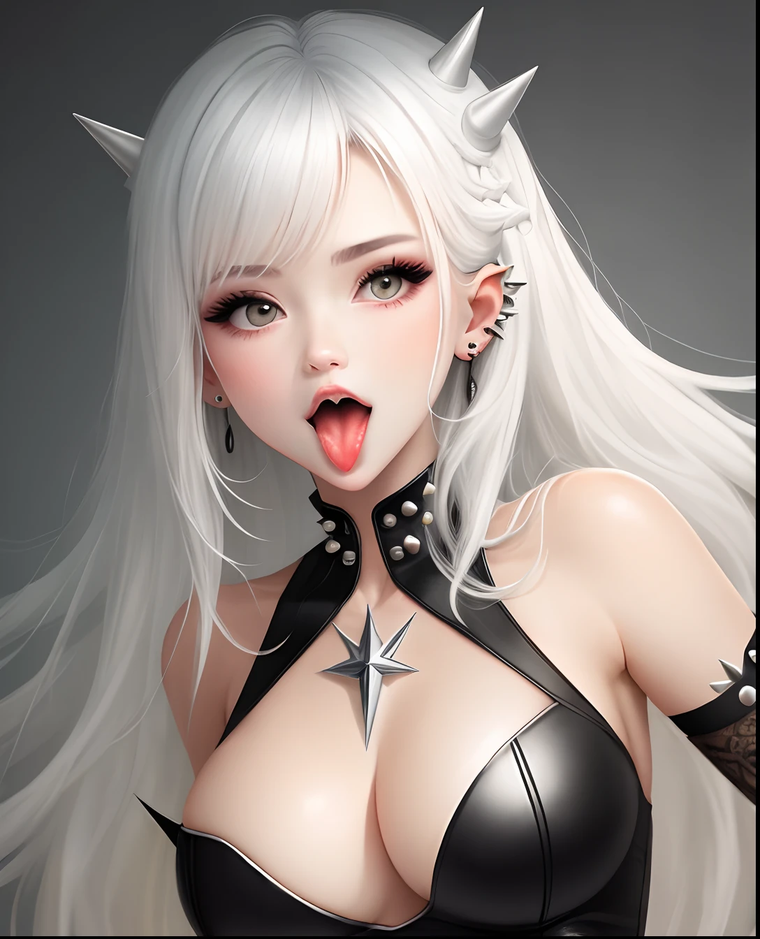 White-haired beautiful girl tongue studs nipple spikes split tongue lip studs