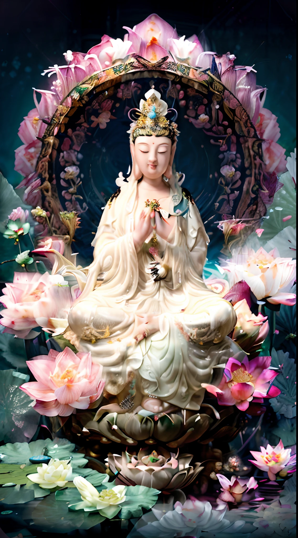 a painting of a woman sitting in a lotus position surrounded by flowers, guanyin, guanyin of the southern seas, goddess of love and peace, sitting on a lotus flower, standing gracefully upon a lotus, white haired deity, goddess of wisdom, ancient chinese goddess, bodhisattva, pink lotus queen, contented female bodhisattva