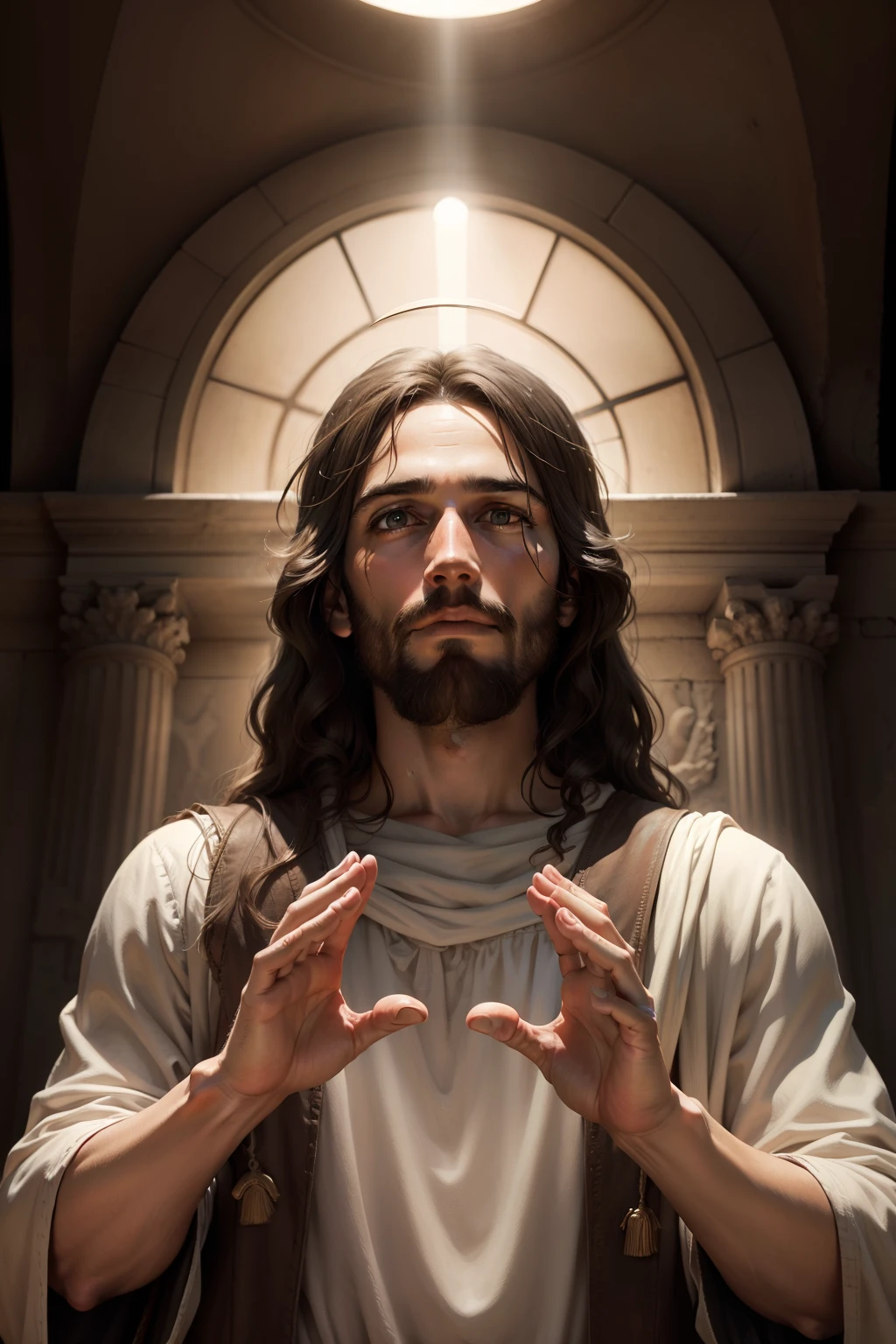 REALISTIC IMAGE OF JESUS CHRIST WITH HIS HANDS RAISED
