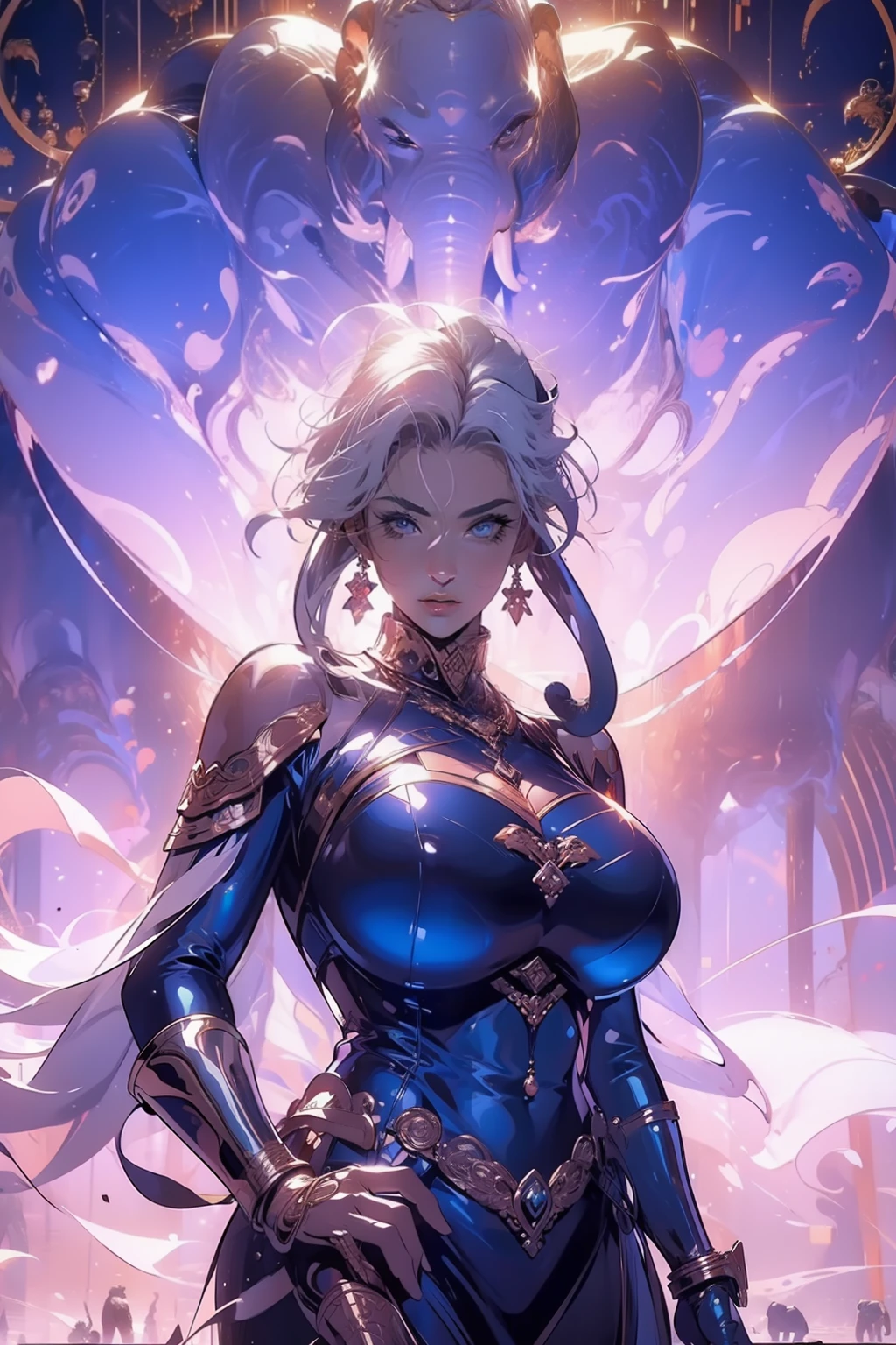 (((elephants))),elephants,((Behind is a huge elephant)),A woman of outstanding figure,Wear a nice miniskirt,Leaking out of both shoulders,jewely,Amazing work,Vitreous luster,clean backdrop,High gloss,blue colors,In pink,cyan colors,red colour
