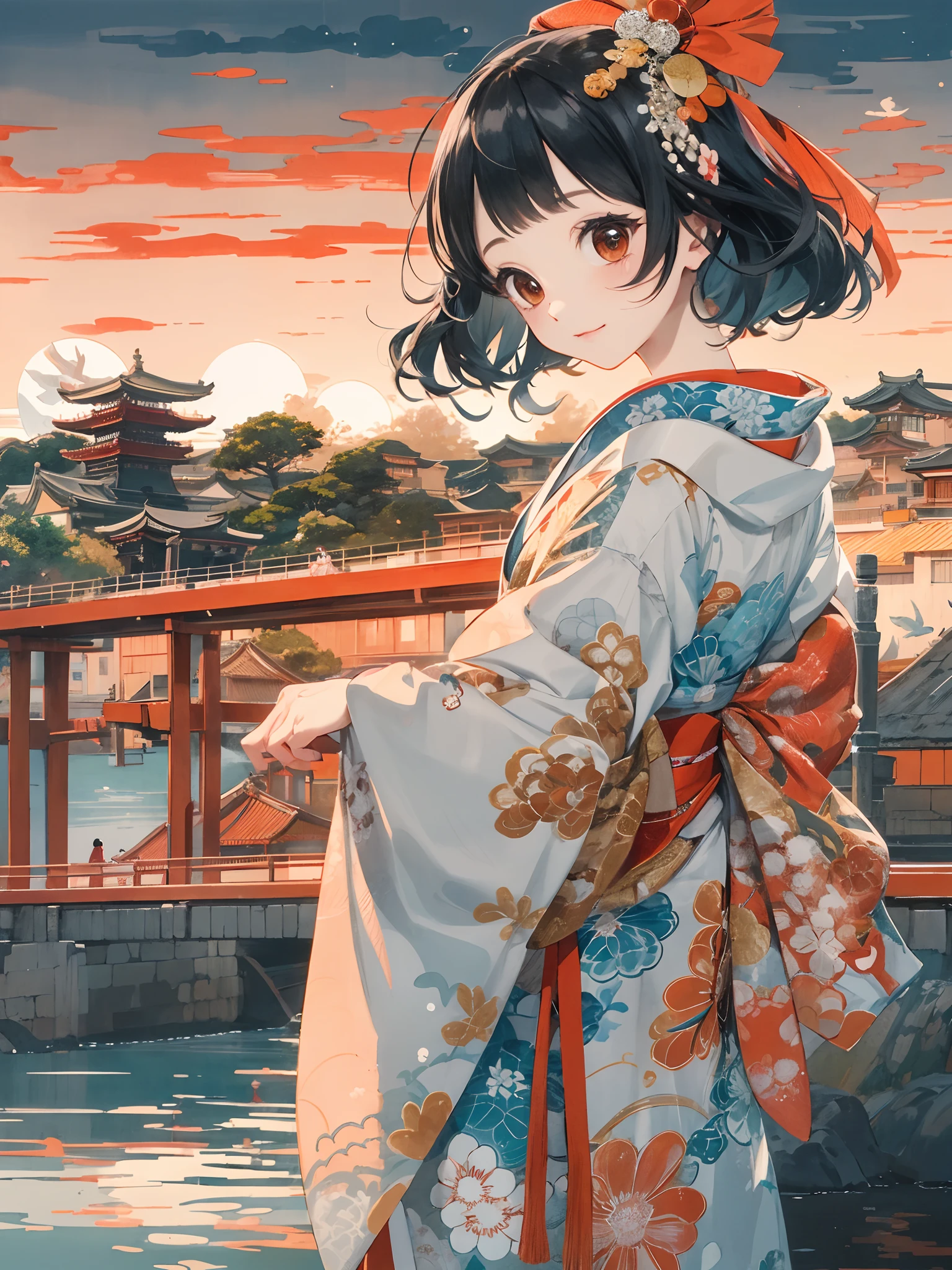 Top image quality、Cute  s、Black hair long straight、Kimono Dresses、Bright red sunset、on a bridge、ukiyoe painting、夏天