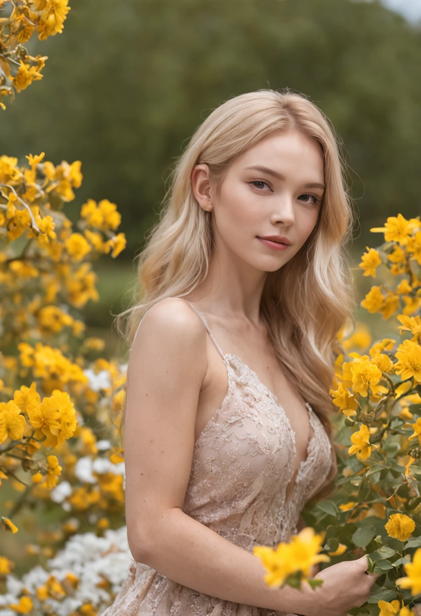 (masutepiece, A striking portrait:1.3), (Seductive image of naked blonde in flower garden:1.2), (Камера Canon EOS 5D Mark IV, It is famous for its bright colors and rich textures:1.2), (Paired with Canon EF 35mm F/1.4L II USM lens for versatile compositions:1.2), (flowing, Voluminous blonde hair, Picked up by the breeze, Adding dynamism:1.1), (Glow Blue Eyes, Reflecting the shadow of the sky:1.1), (a perfect face, Exuding perfection:1.1), (Knee-length sundress, full of kaleidoscopes of colors:1.1), (Her cheerful smile radiated pure happiness:1.1), (Playful dress movements, To catch the light:1.1), (Combine wild colors, To create a striking background:1.1), (Sun-drenched fields, depicting a joyful atmosphere:1.1), (Camera sensor、Captures the intricate texture of her hair and fabric:1.1), (lenses, which accentuate her seductive smile and bright outfit:1.1), (moment, Capture carefree joy in nature:1.1), (Synergy of color and emotion in one frame:1.1), (portraite of a, Capturing the essence of a radiant spirit in a blooming landscape:1.1)、One lady、Bustup、full bodyesbian、huge tit、