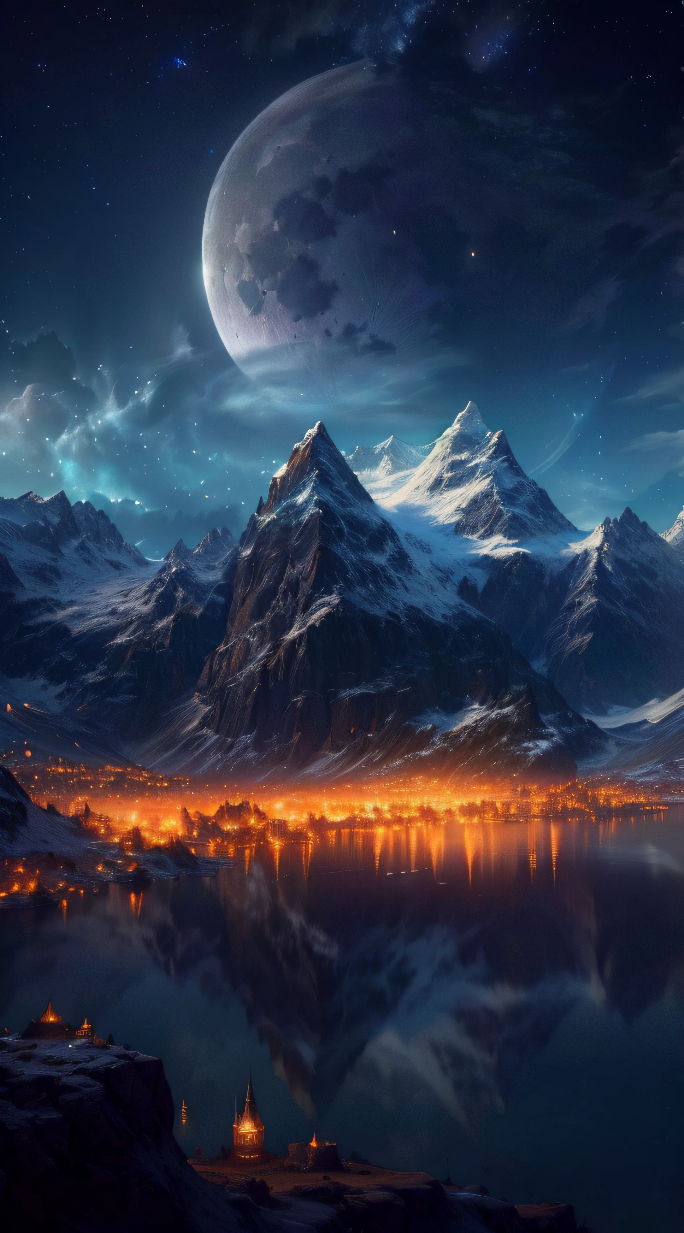 mountains and a lake with a moon in the sky, 4k highly detailed digital art, 4 k hd wallpaper very detailed, impressive fantasy landscape, sci-fi fantasy desktop wallpaper, unreal engine 4k wallpaper, 4k detailed digital art, sci-fi fantasy wallpaper, epic dreamlike fantasy landscape, 4k hd matte digital painting, 8k stunning artwork