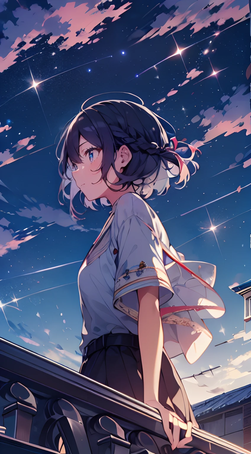 masutepiece, Best Quality,Illustration, Wallpaper, Ultra Detail, Absurd beauty、1 beautiful girl、 (Medium short hair、short braided hair), Beautiful ultra-detailed eyes , Hair fluttering in the wind、Smaller head、Beautiful night sky