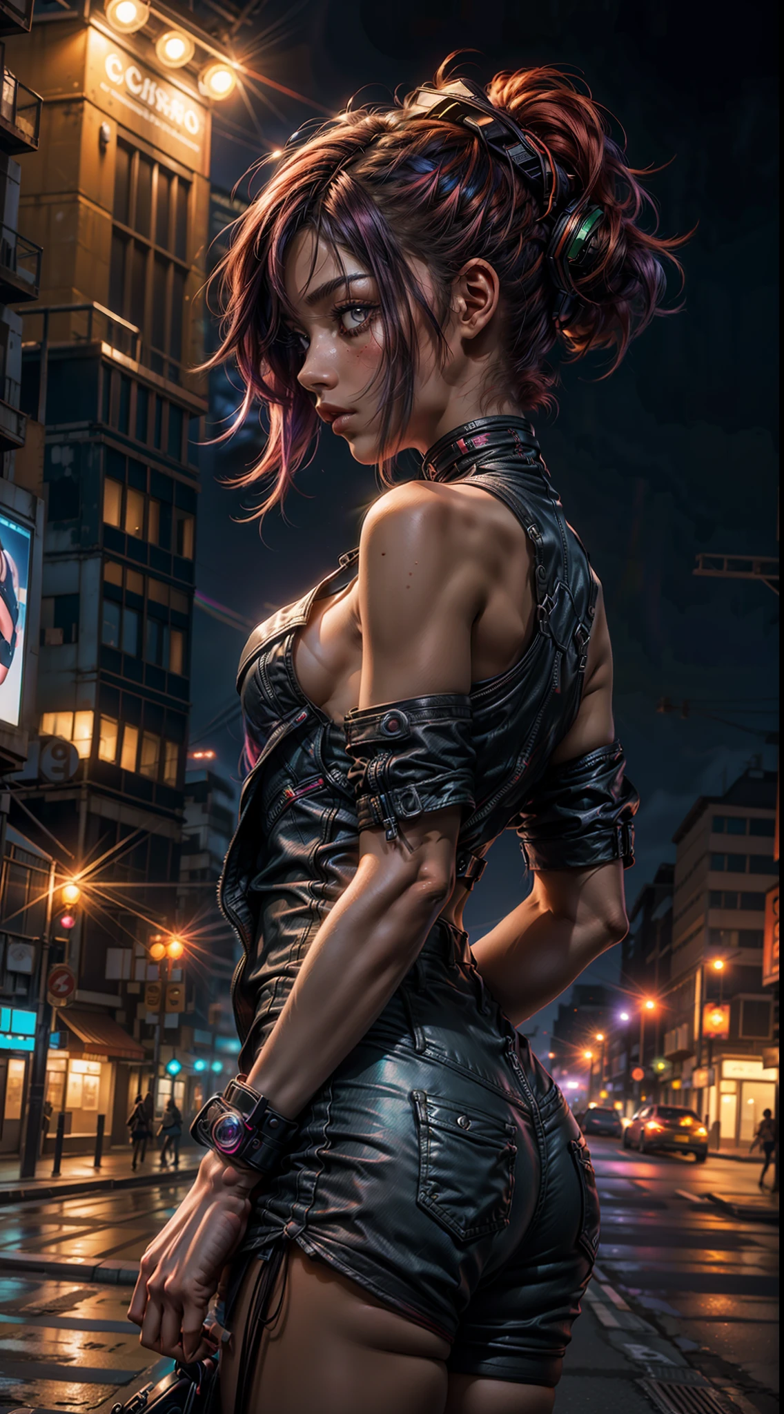 Portrait of an 18-year-old girl with short colored rainbow hair wearing ripped short red jumpsuit, profile image looking at camera ,roupas molhadas ,city at night cyber punk style cinematic style, 16k ultra realista