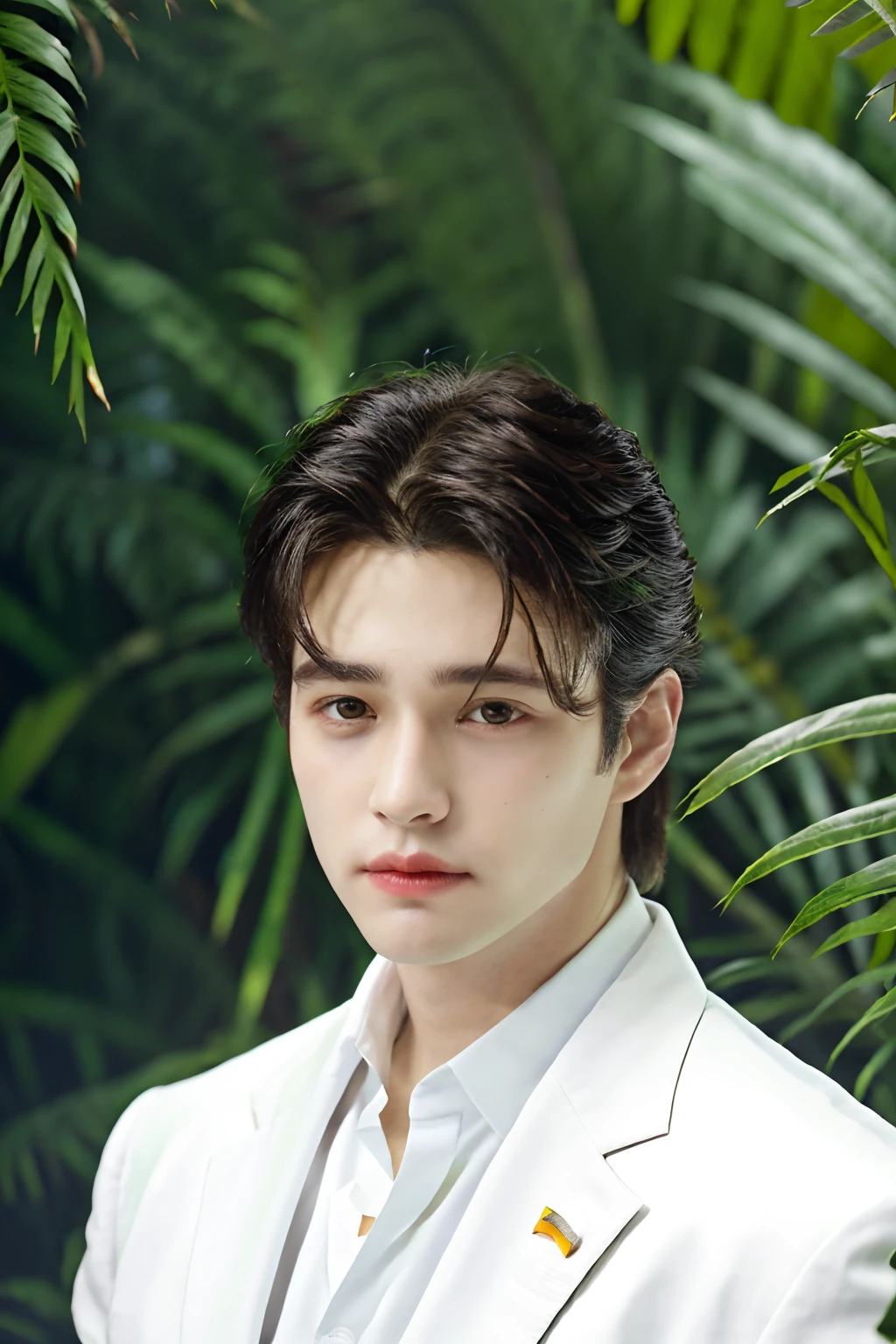 A man in a stunning white suit, in a jungle paradise, perfect day, close-up, clean-shaven, raw, 8k UHD, black hair, brown eyes