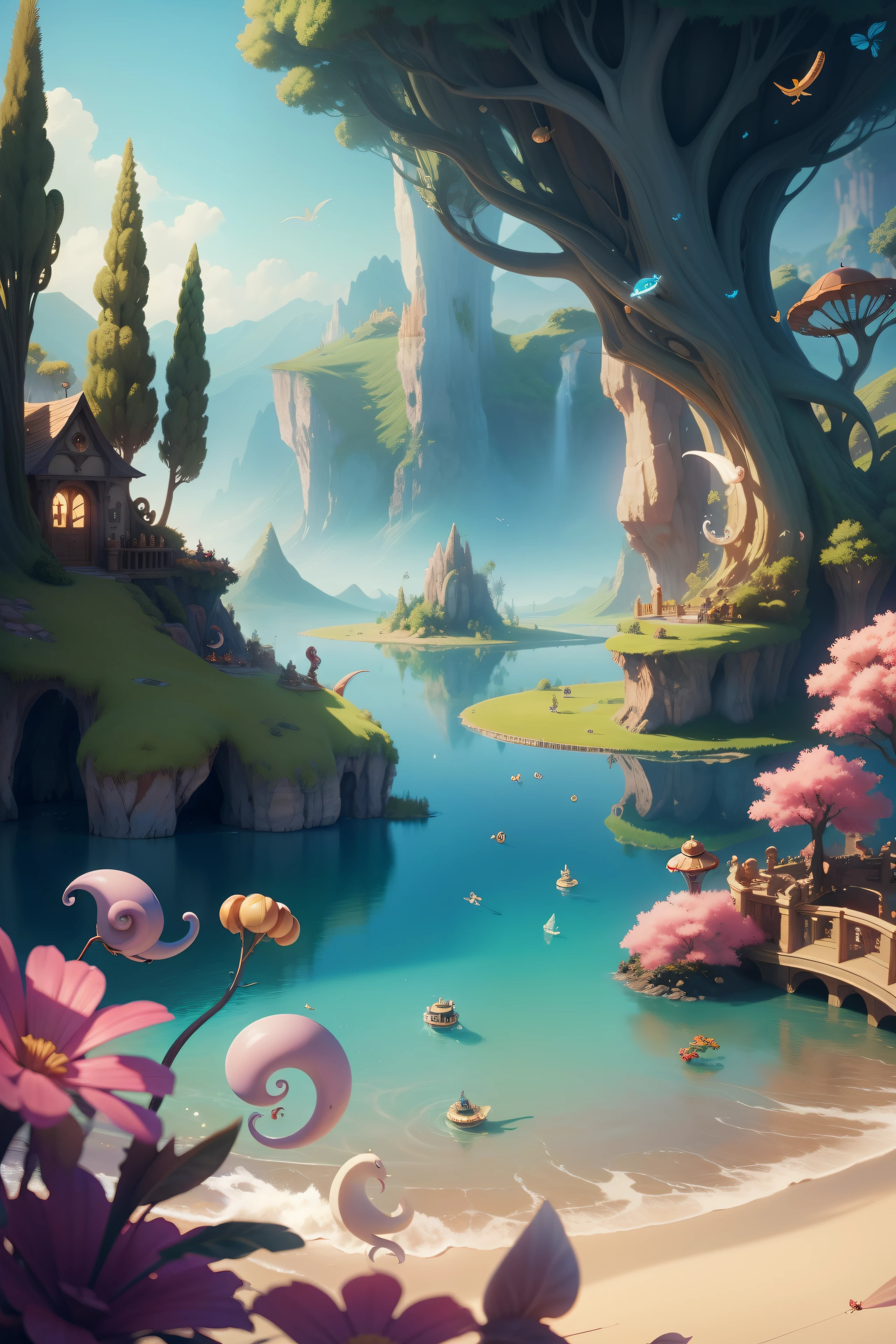 phantasy, Cartoon illustration of a fantasy world with bizarre large caterpillars and snails, flying over the surface of the lake, Everyone is cheerful and happy. a closeup of a, Cinematic, a lot of details. Blurred fantasy background. Light haze.